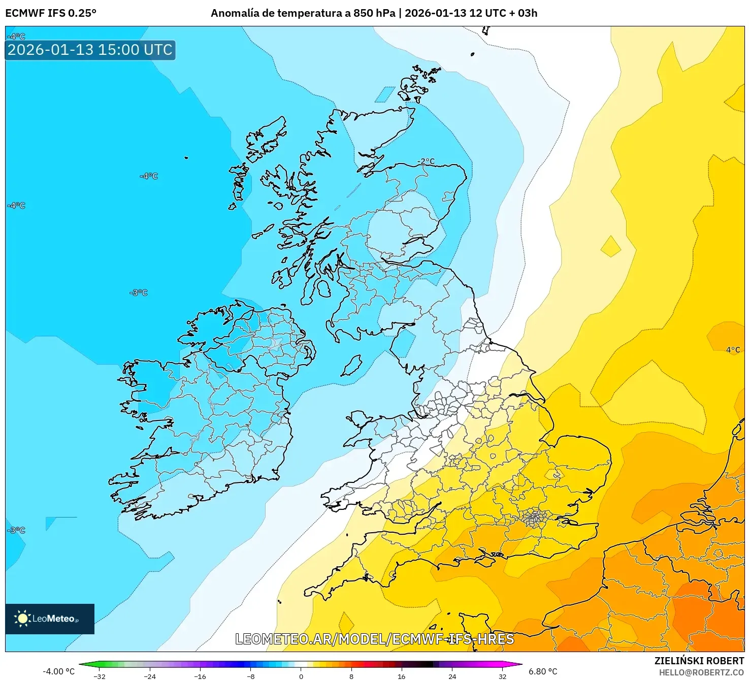 ECMWF IFS 0.25° model - Reino Unido, Anomalía de temperatura a 850 hPa