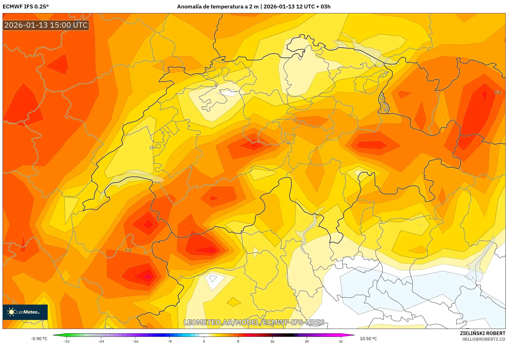 ECMWF IFS 0.25° model - Suiza, Anomalía de temperatura a 2 m