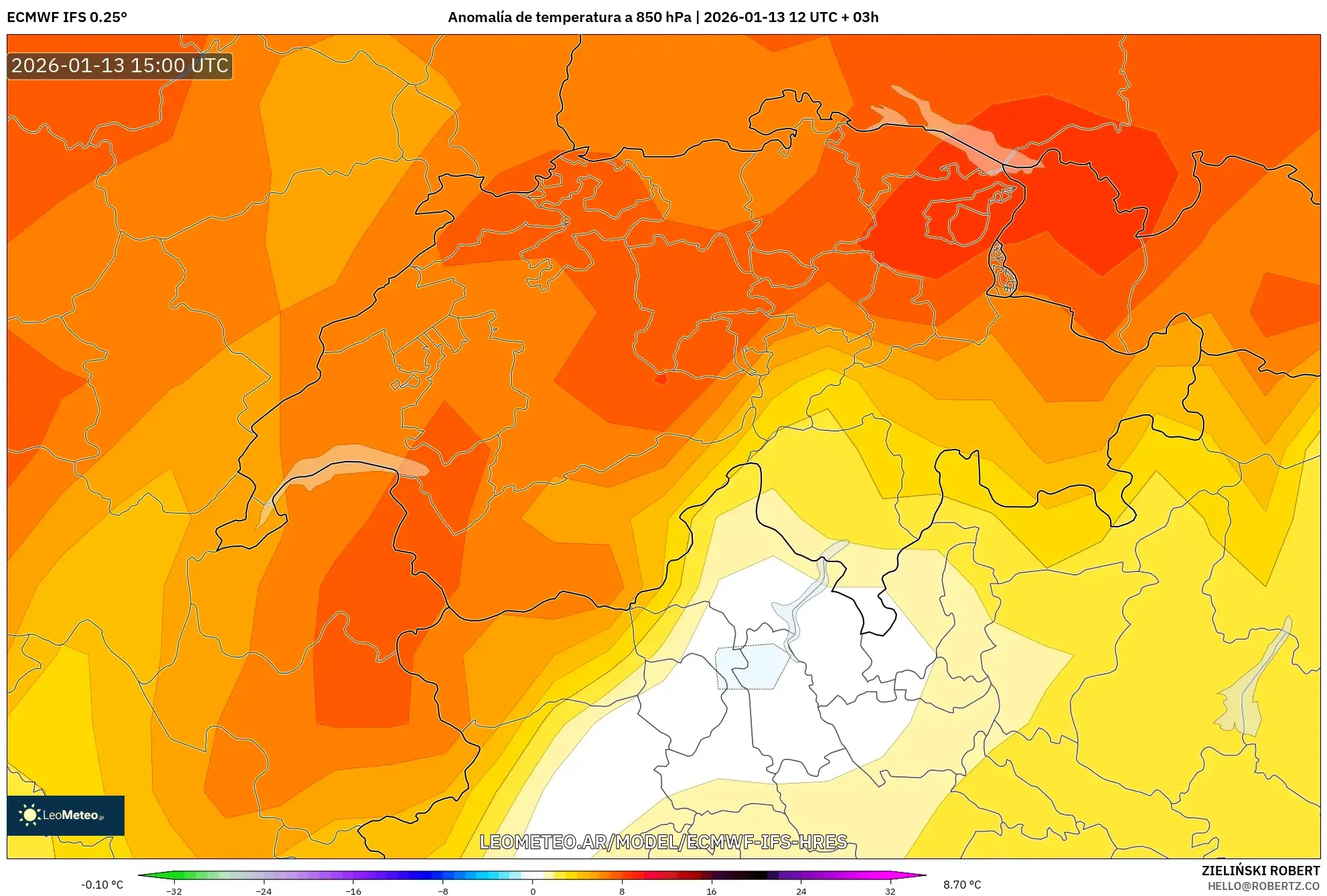 ECMWF IFS 0.25° model - Suiza, Anomalía de temperatura a 850 hPa