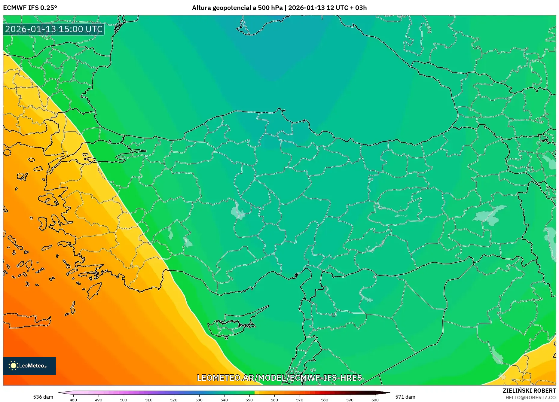 ECMWF IFS 0.25° model - Turquía, Altura geopotencial a 500 hPa