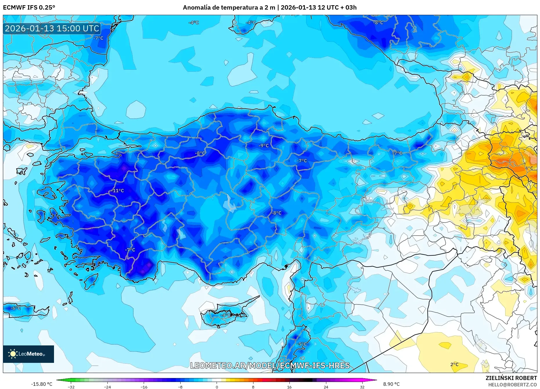 ECMWF IFS 0.25° model - Turquía, Anomalía de temperatura a 2 m
