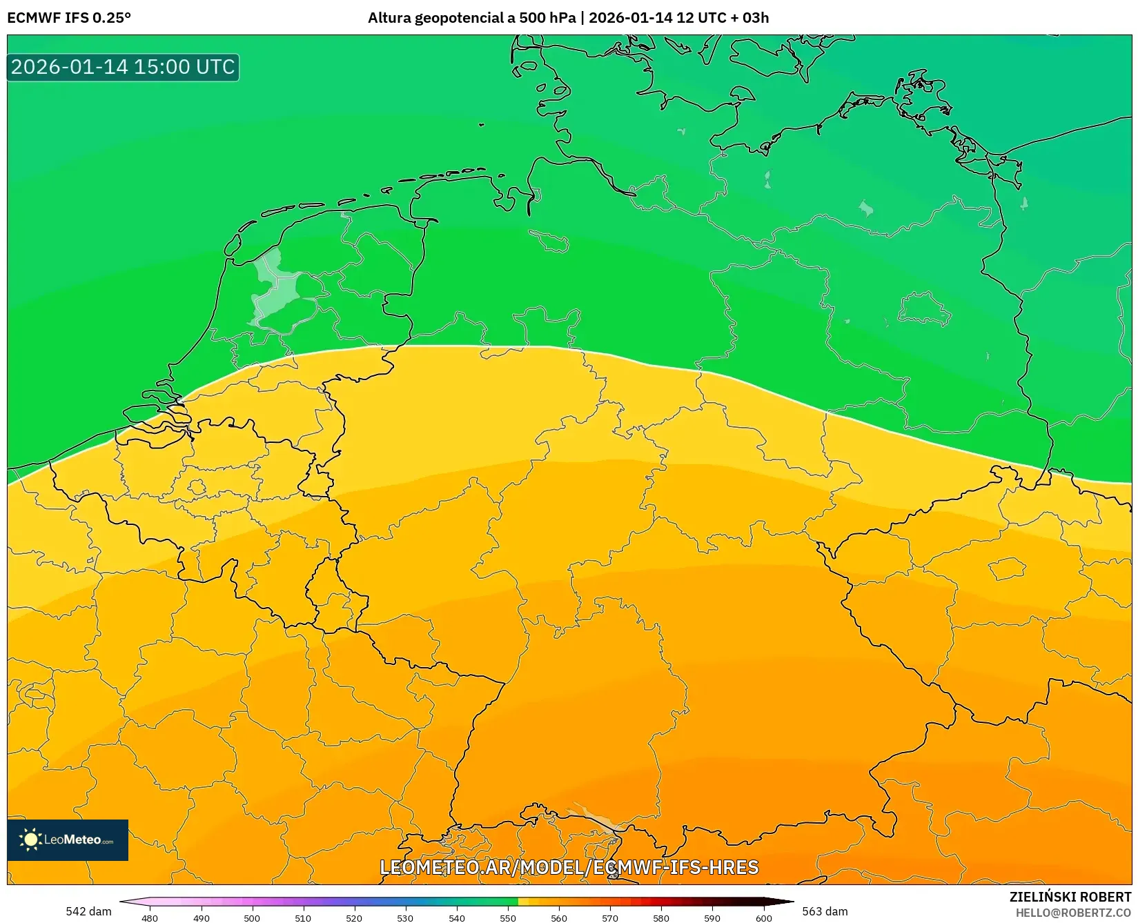 ECMWF IFS 0.25° model - Alemania, Altura geopotencial a 500 hPa