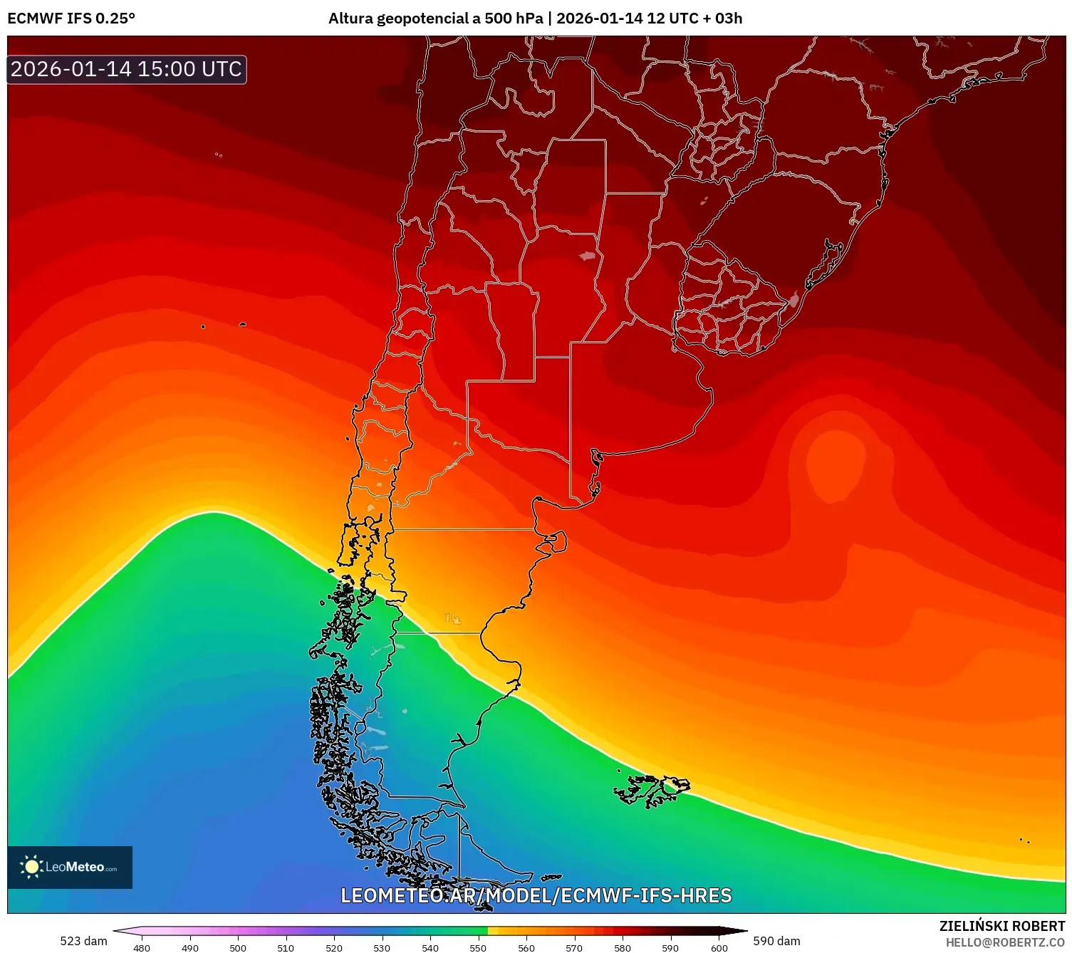 ECMWF IFS 0.25° model - Argentina, Altura geopotencial a 500 hPa