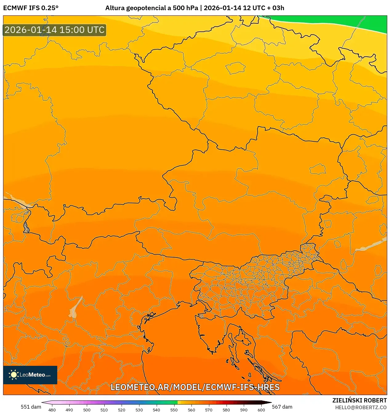 ECMWF IFS 0.25° model - Austria, Altura geopotencial a 500 hPa