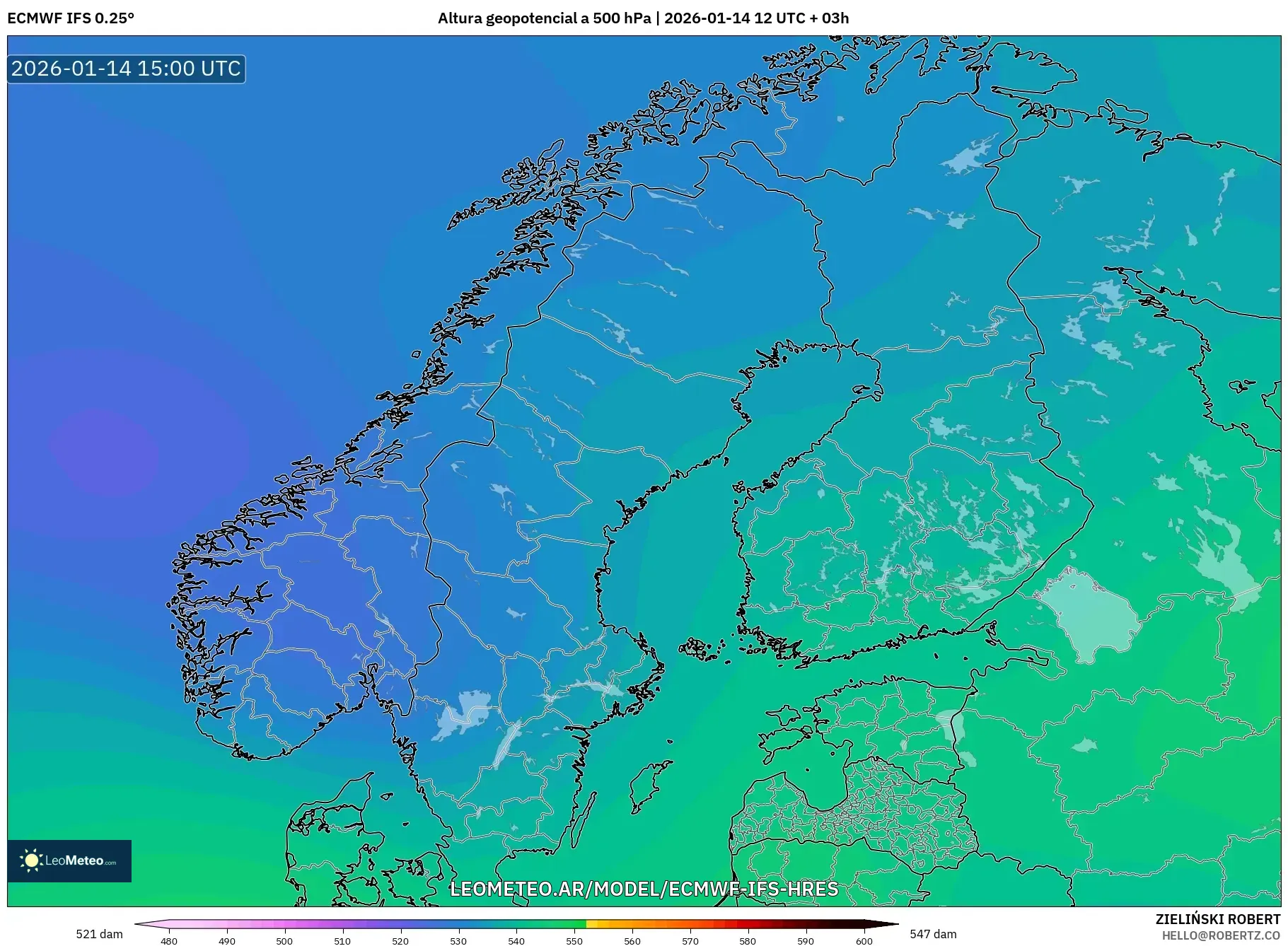 ECMWF IFS 0.25° model - Escandinavia, Altura geopotencial a 500 hPa