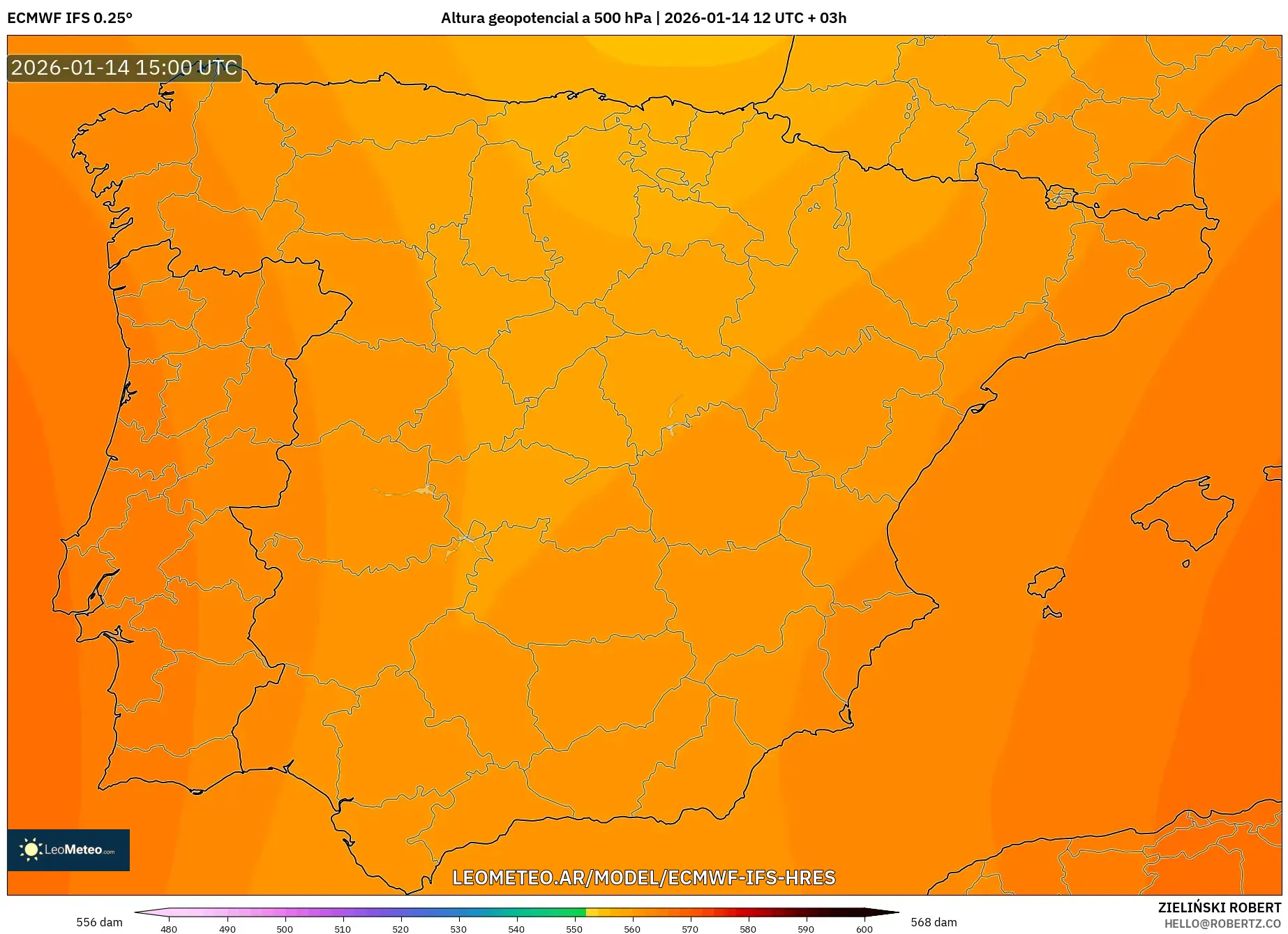 ECMWF IFS 0.25° model - España, Altura geopotencial a 500 hPa