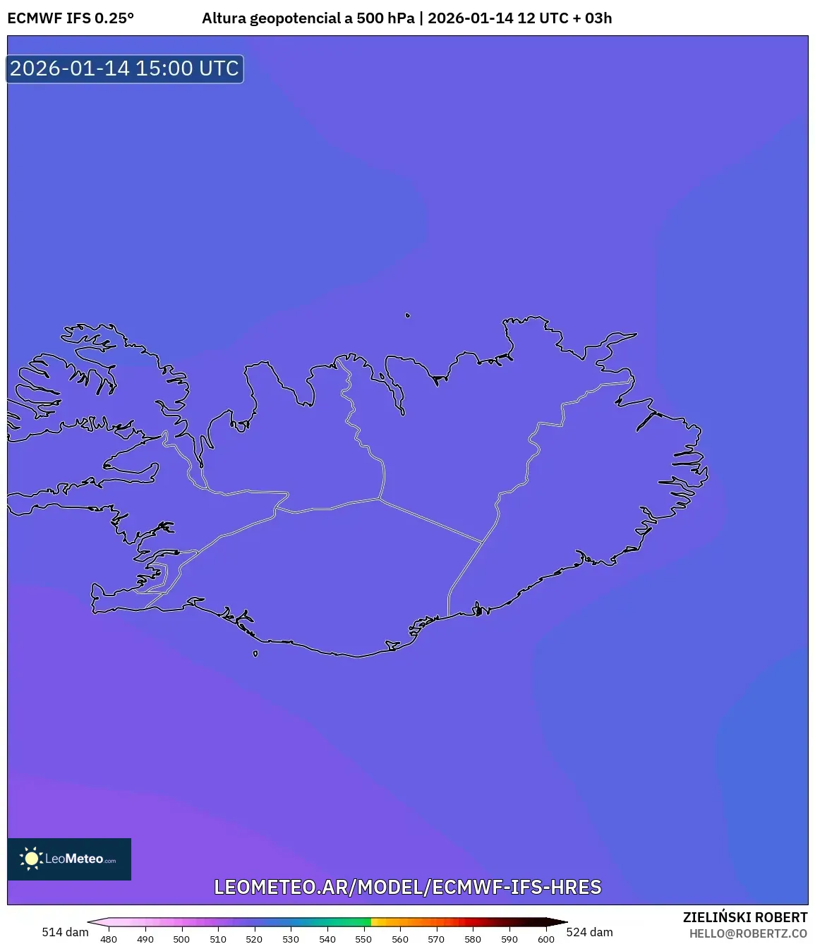 ECMWF IFS 0.25° model - Islandia, Altura geopotencial a 500 hPa
