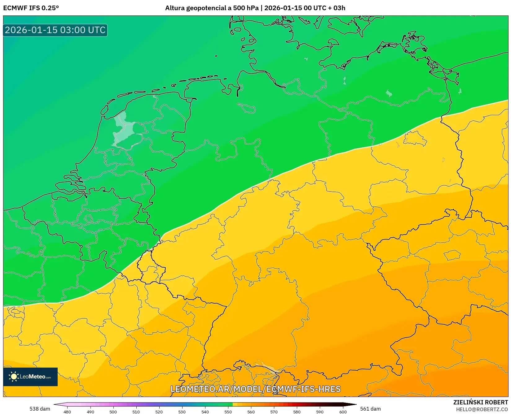 ECMWF IFS 0.25° model - Alemania, Altura geopotencial a 500 hPa
