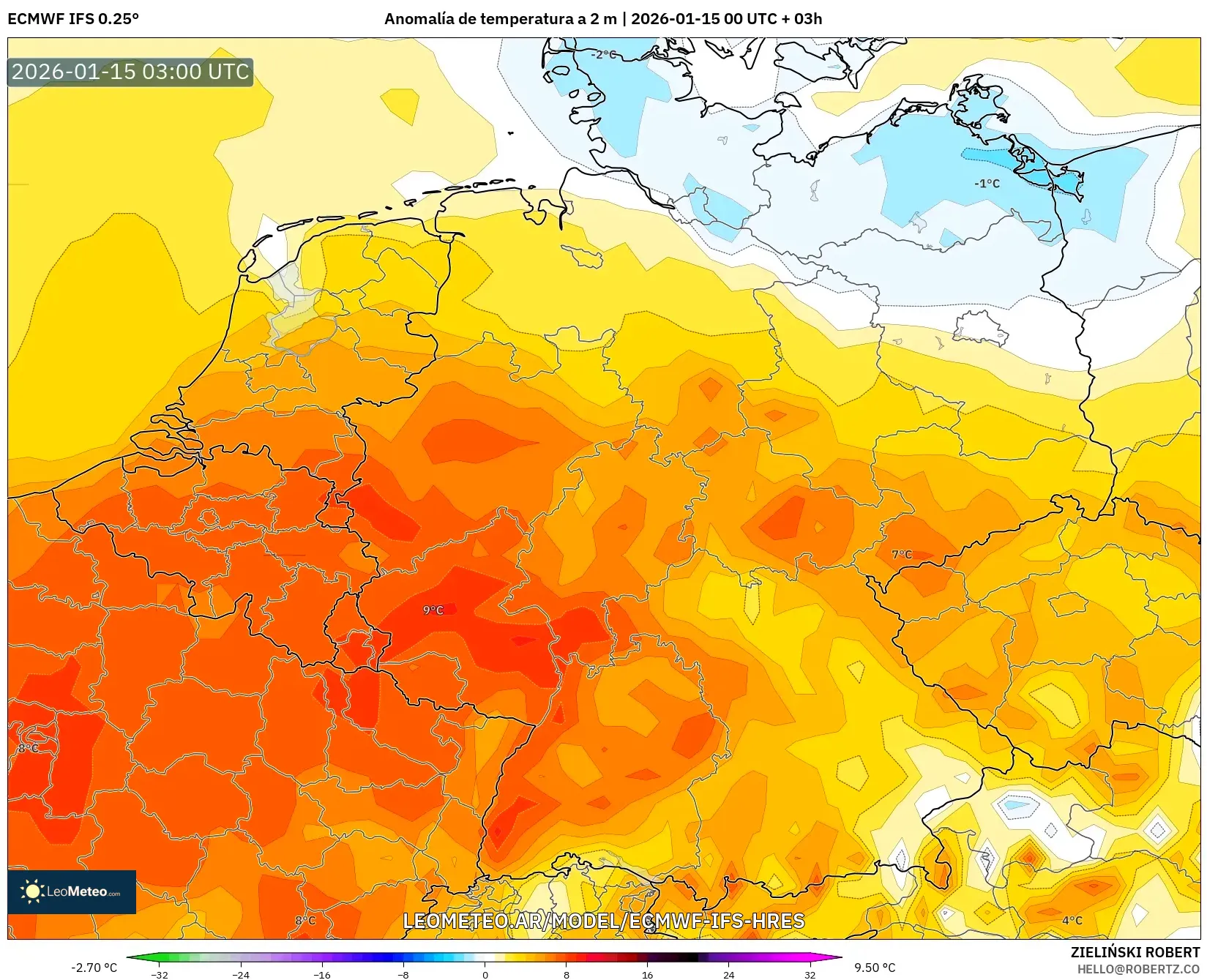 ECMWF IFS 0.25° model - Alemania, Anomalía de temperatura a 2 m