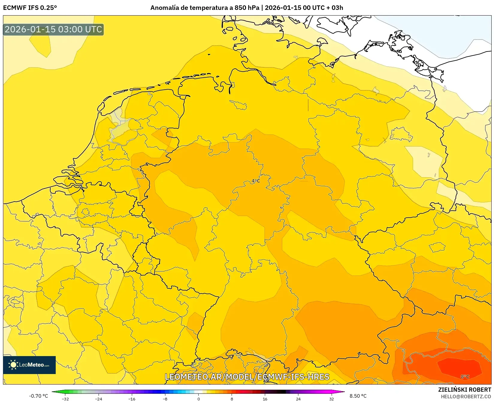 ECMWF IFS 0.25° model - Alemania, Anomalía de temperatura a 850 hPa
