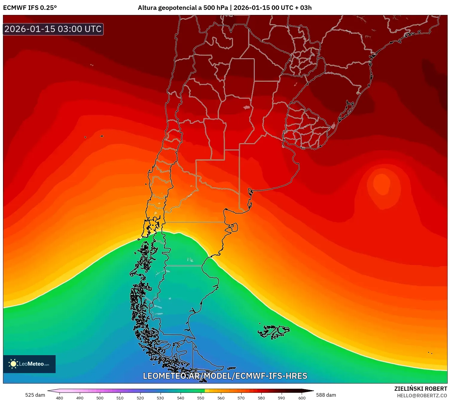 ECMWF IFS 0.25° model - Argentina, Altura geopotencial a 500 hPa