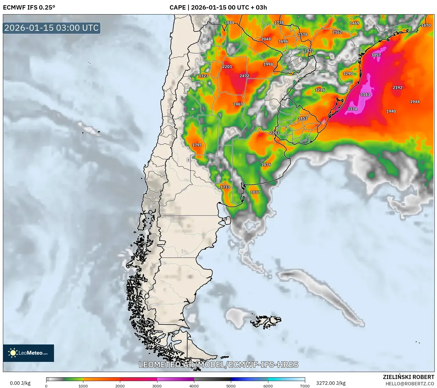 ECMWF IFS 0.25° model - Argentina, CAPE
