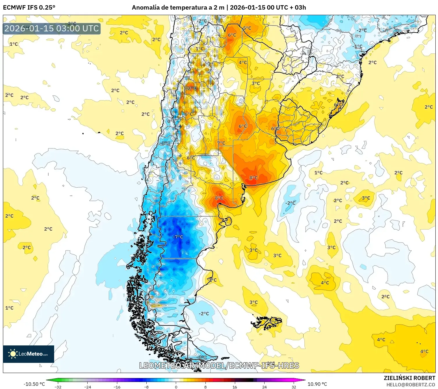 ECMWF IFS 0.25° model - Argentina, Anomalía de temperatura a 2 m