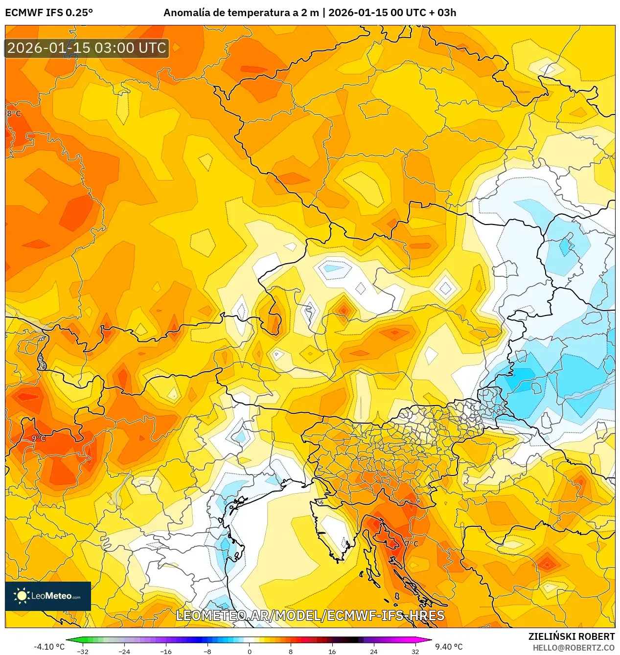 ECMWF IFS 0.25° model - Austria, Anomalía de temperatura a 2 m