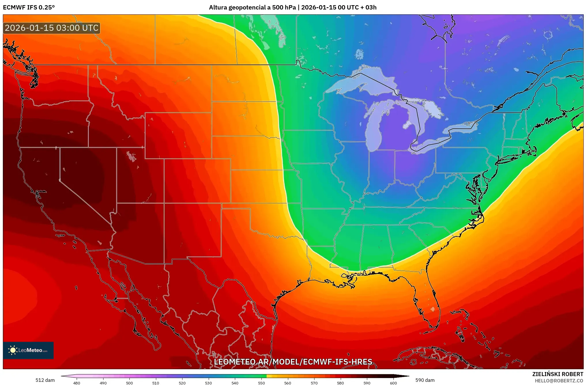ECMWF IFS 0.25° model - Estados Unidos, Altura geopotencial a 500 hPa