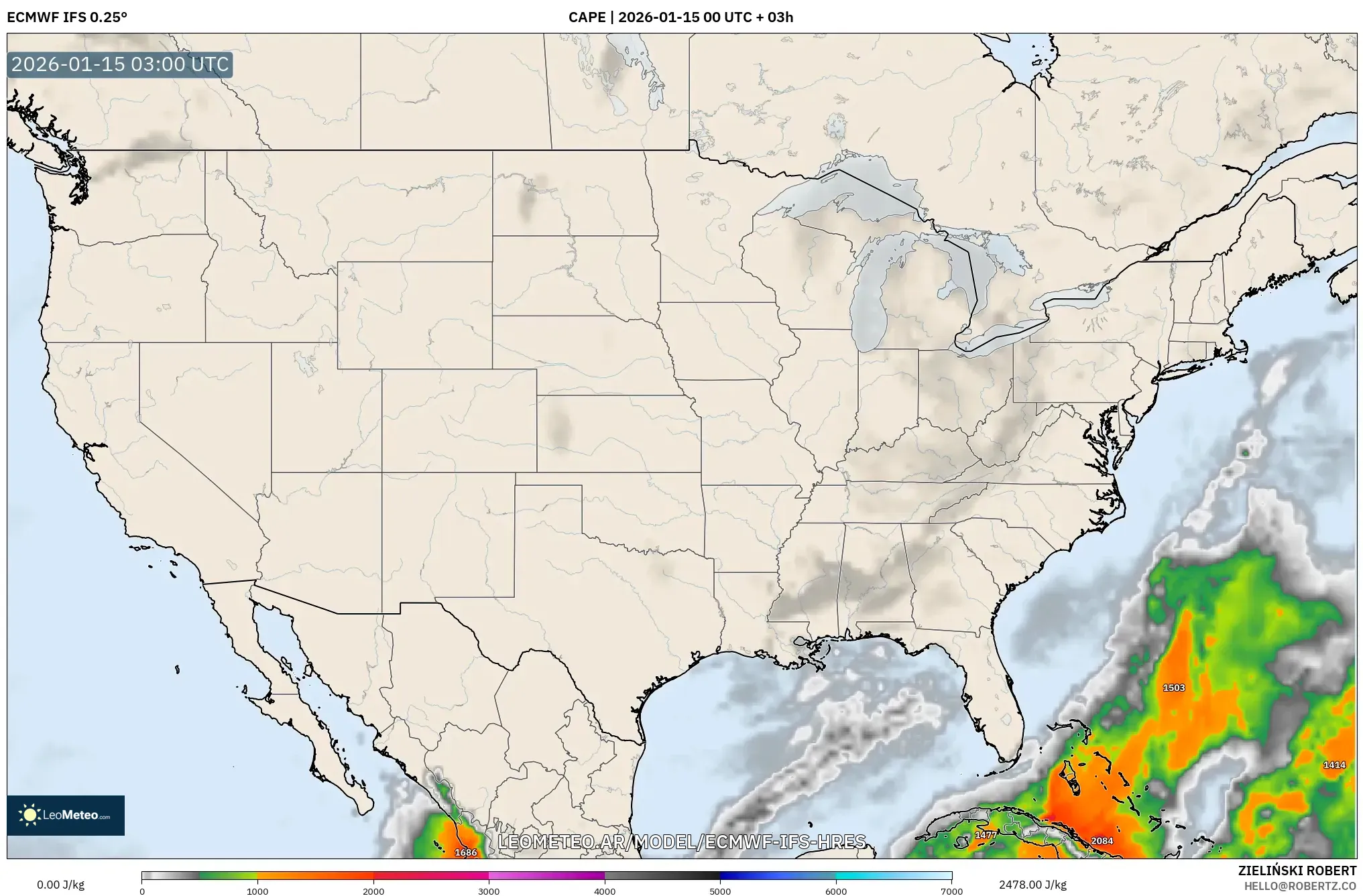ECMWF IFS 0.25° model - Estados Unidos, CAPE