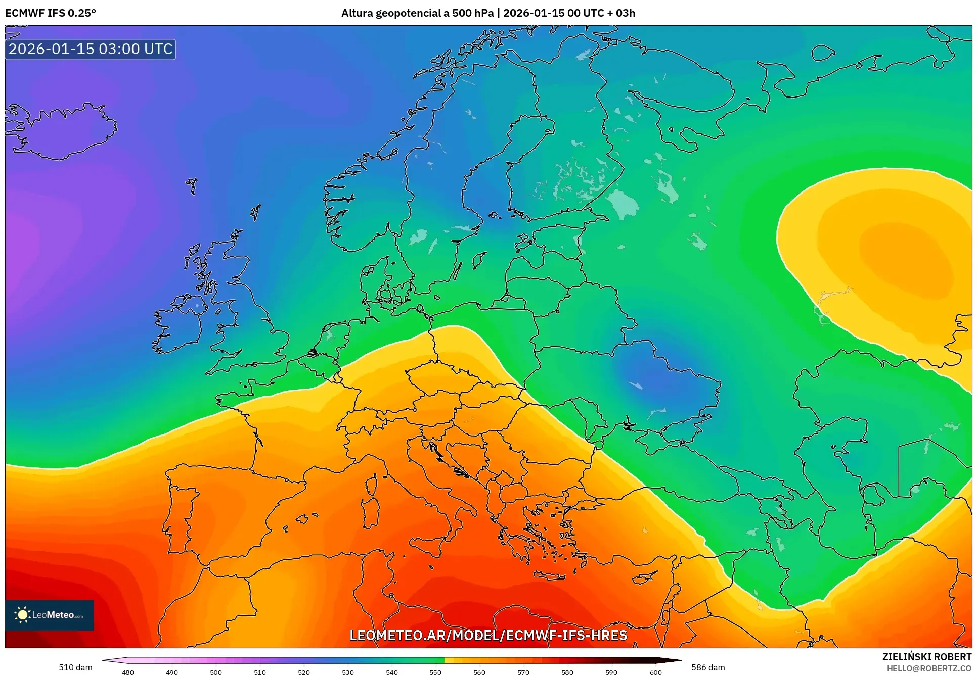 ECMWF IFS 0.25° model - Europa, Altura geopotencial a 500 hPa