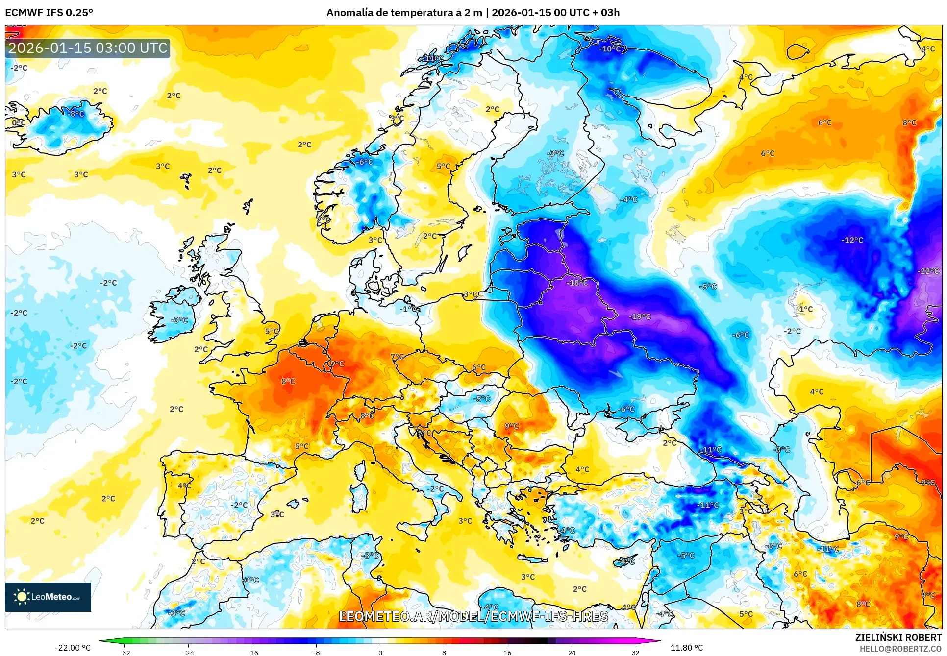 ECMWF IFS 0.25° model - Europa, Anomalía de temperatura a 2 m