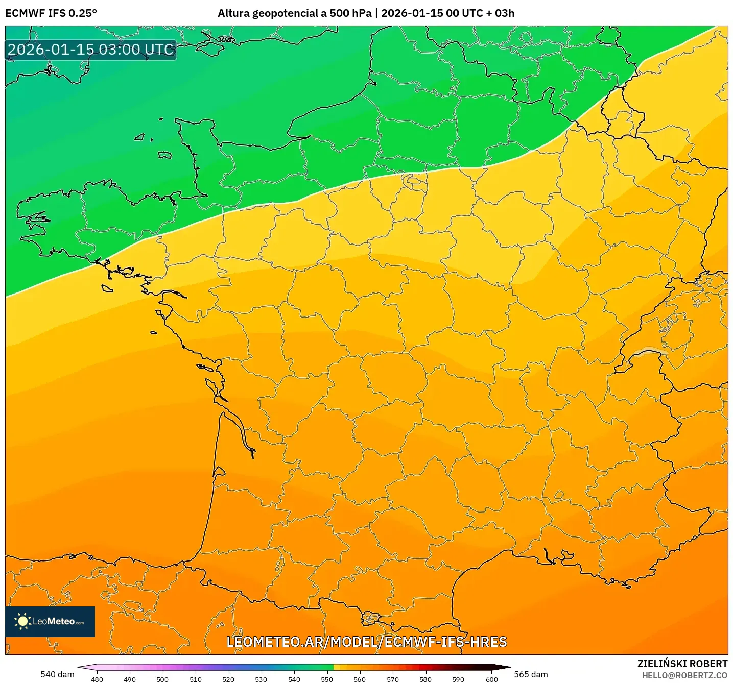 ECMWF IFS 0.25° model - Francia, Altura geopotencial a 500 hPa