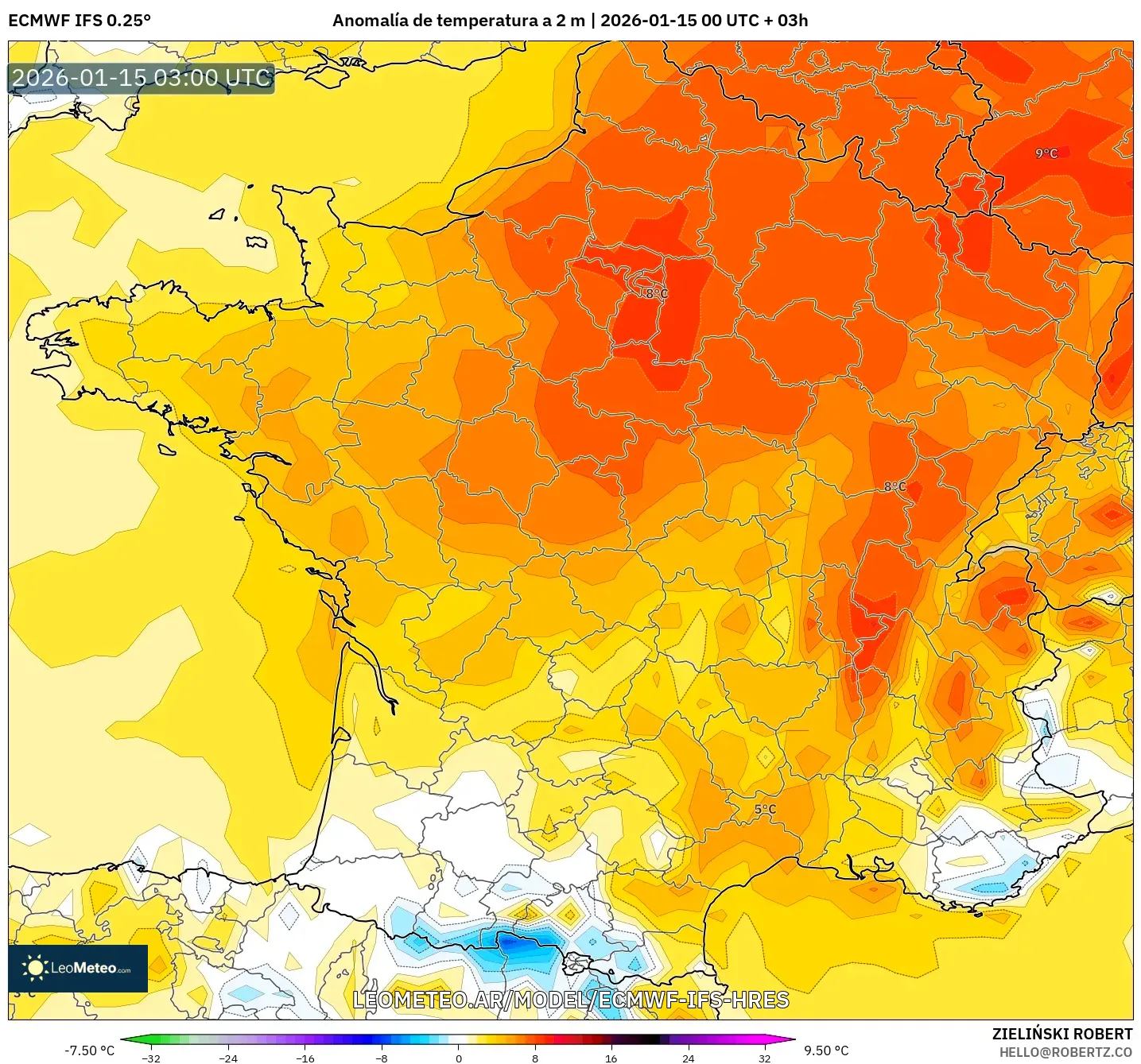 ECMWF IFS 0.25° model - Francia, Anomalía de temperatura a 2 m