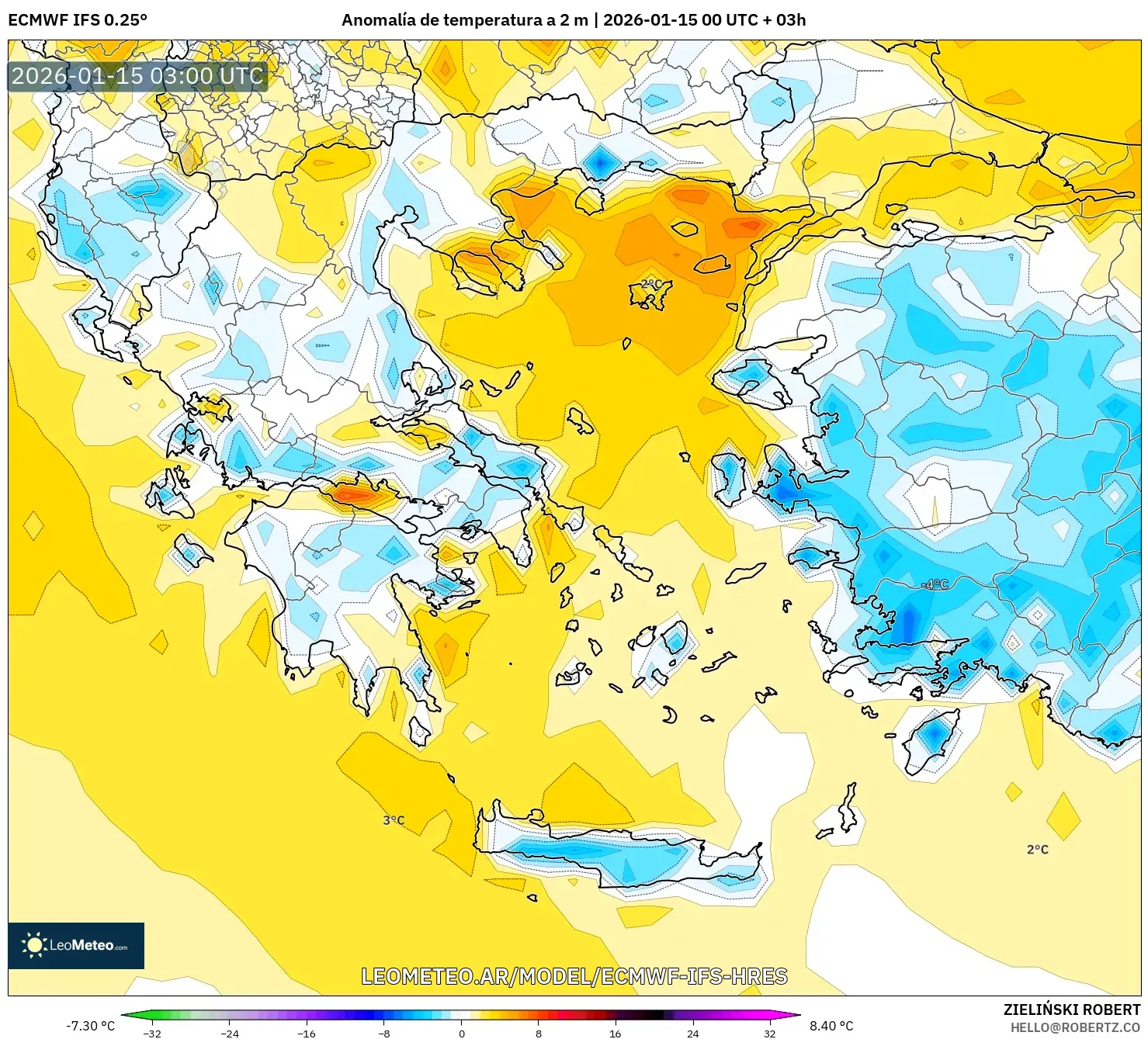 ECMWF IFS 0.25° model - Grecia, Anomalía de temperatura a 2 m