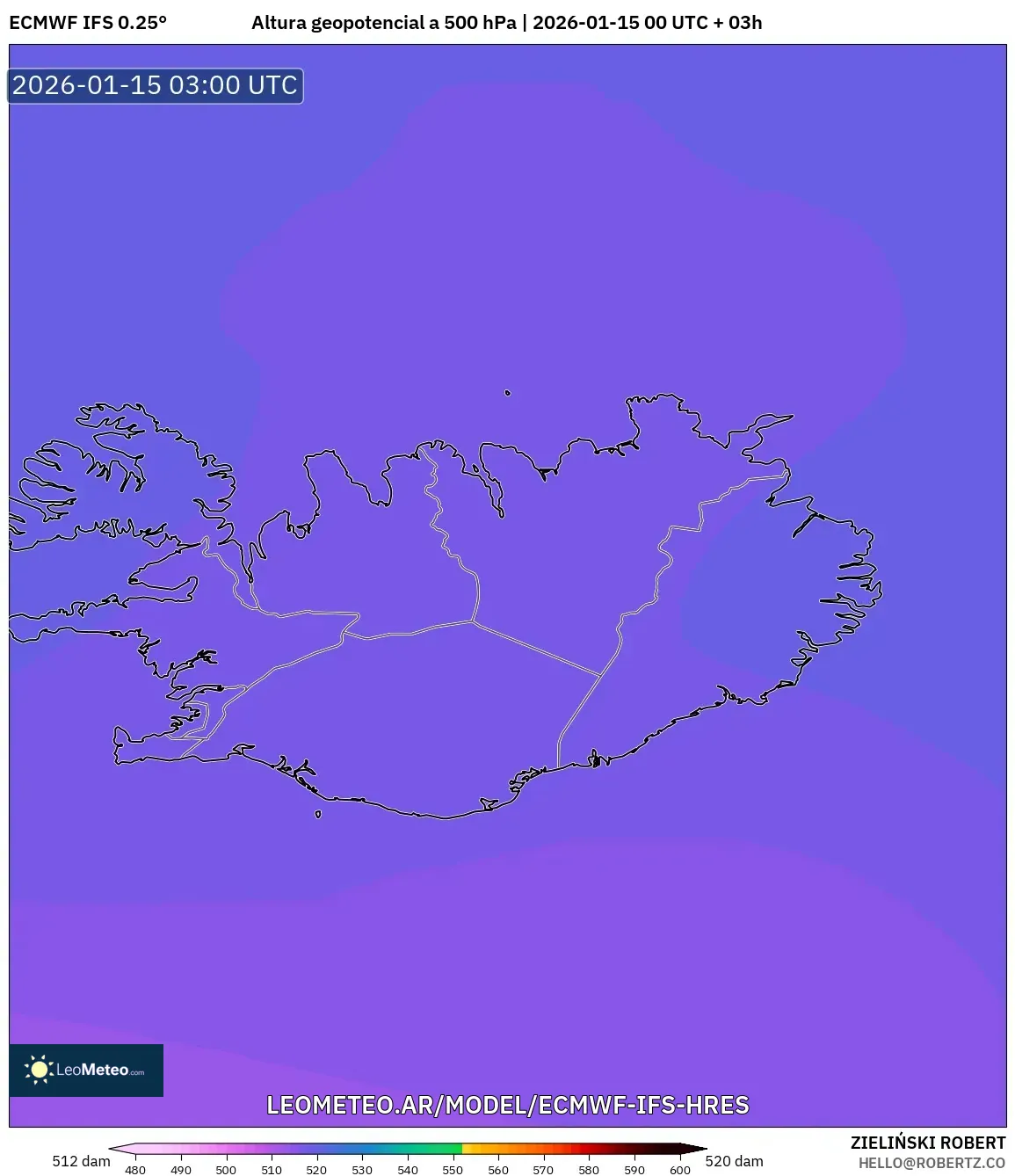 ECMWF IFS 0.25° model - Islandia, Altura geopotencial a 500 hPa
