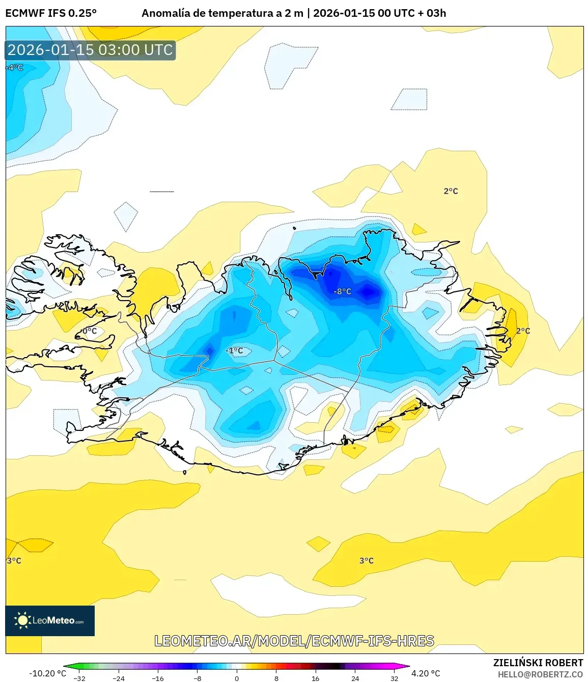 ECMWF IFS 0.25° model - Islandia, Anomalía de temperatura a 2 m