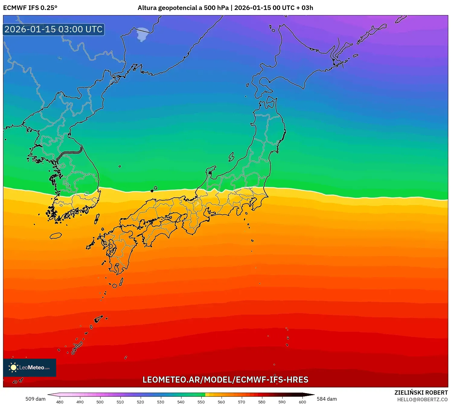 ECMWF IFS 0.25° model - Japón, Altura geopotencial a 500 hPa