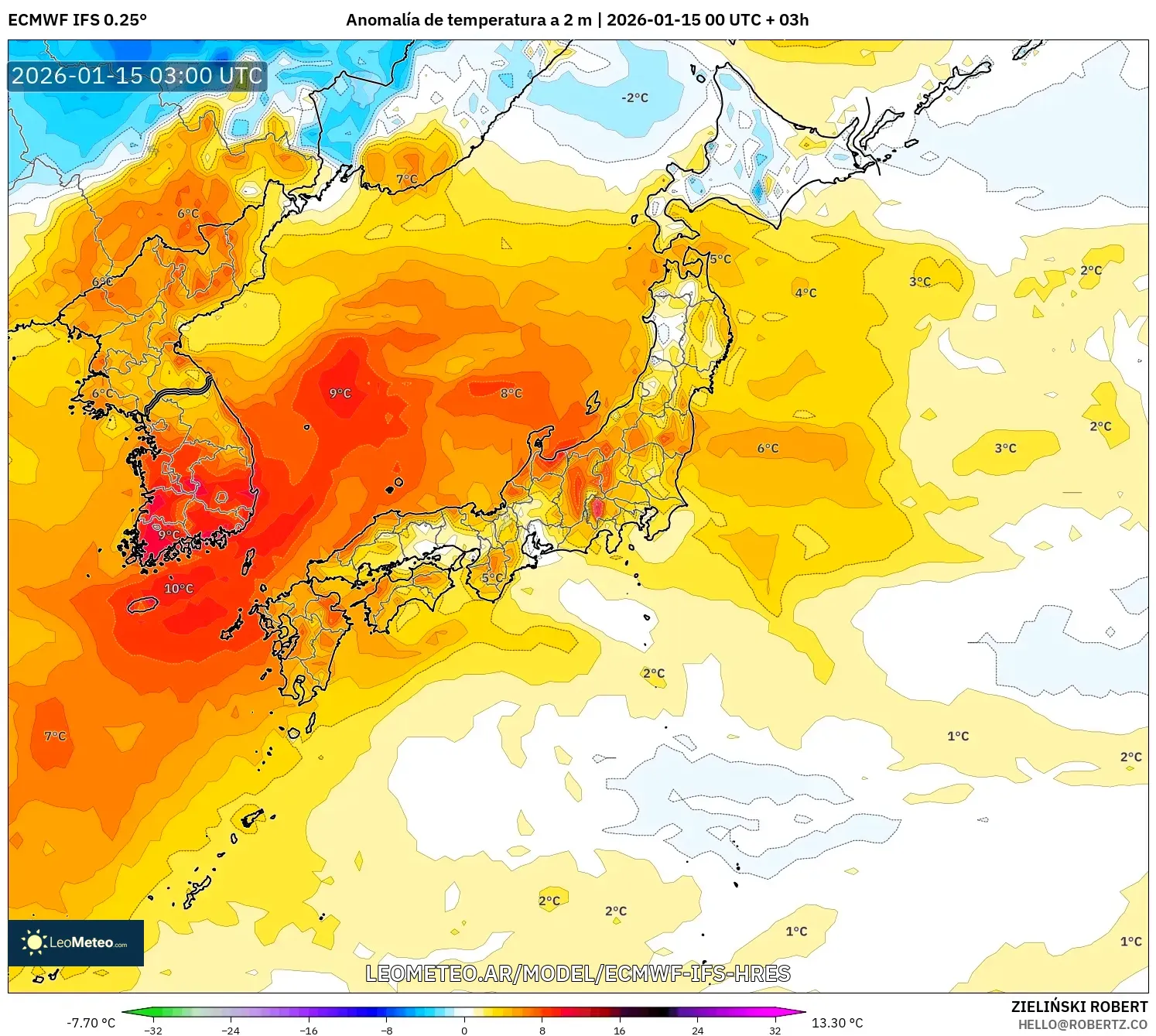 ECMWF IFS 0.25° model - Japón, Anomalía de temperatura a 2 m