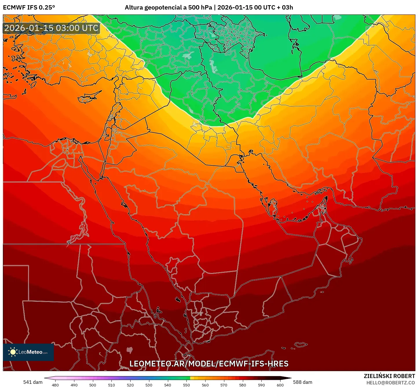 ECMWF IFS 0.25° model - Oriente Medio, Altura geopotencial a 500 hPa