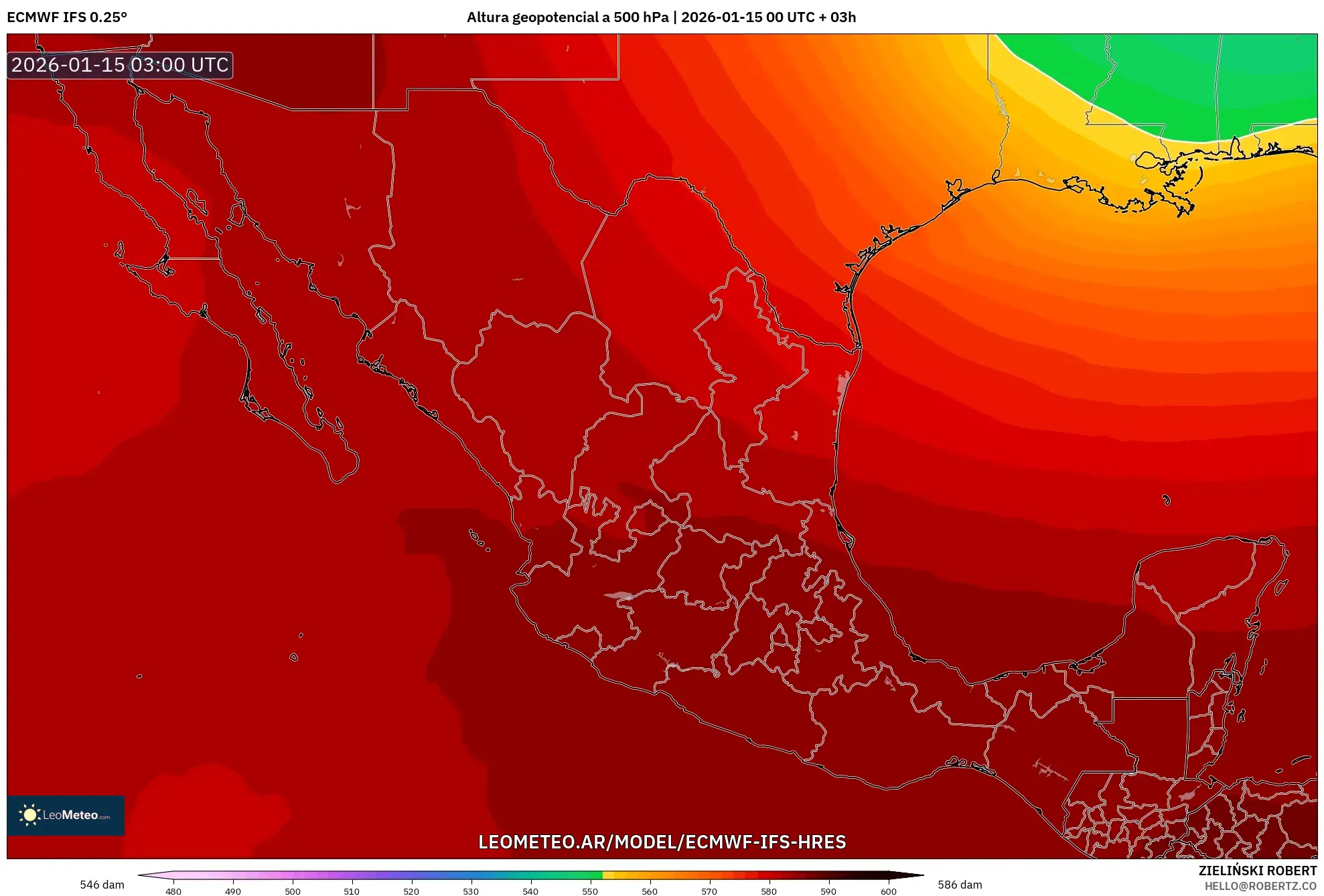 ECMWF IFS 0.25° model - México, Altura geopotencial a 500 hPa