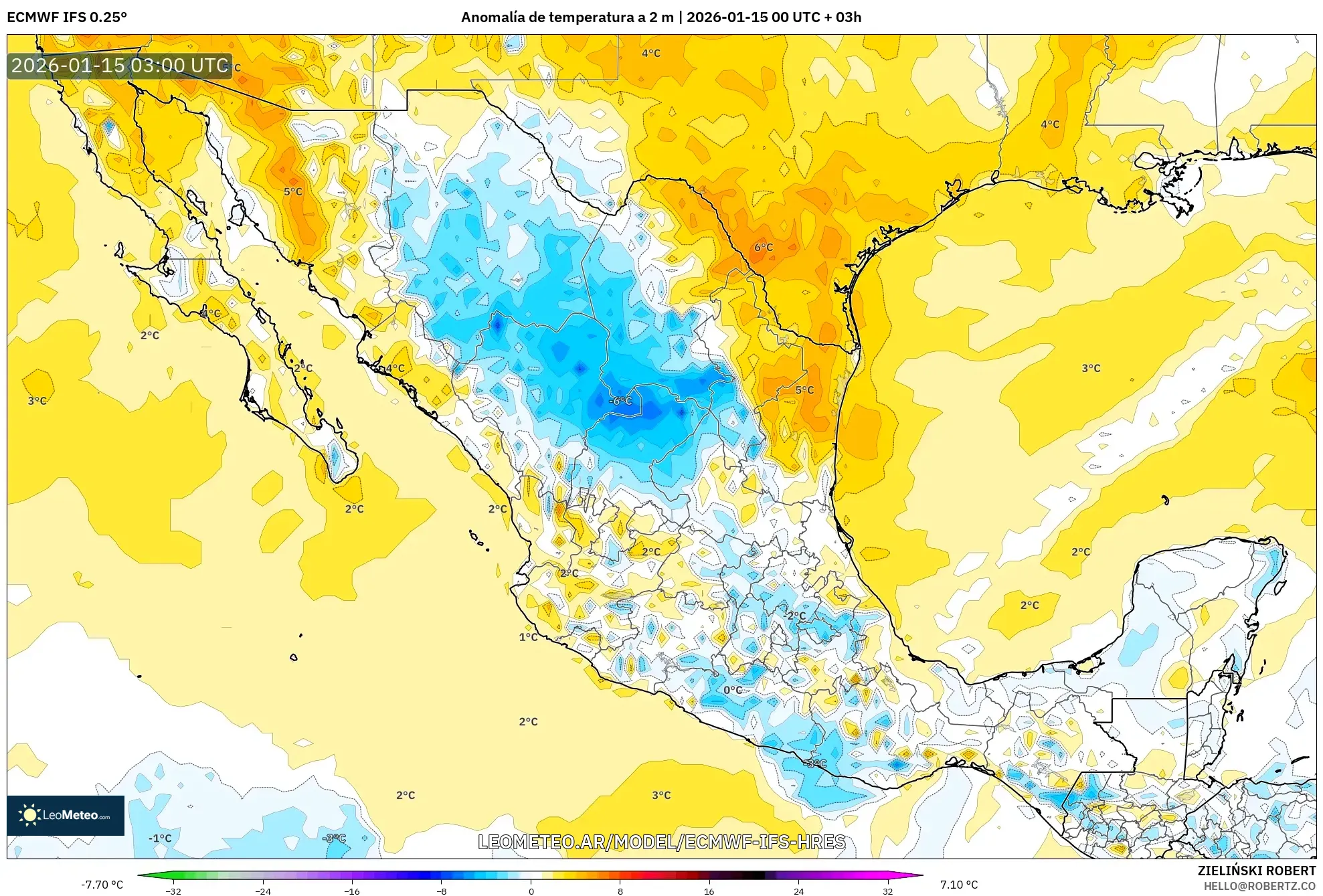 ECMWF IFS 0.25° model - México, Anomalía de temperatura a 2 m