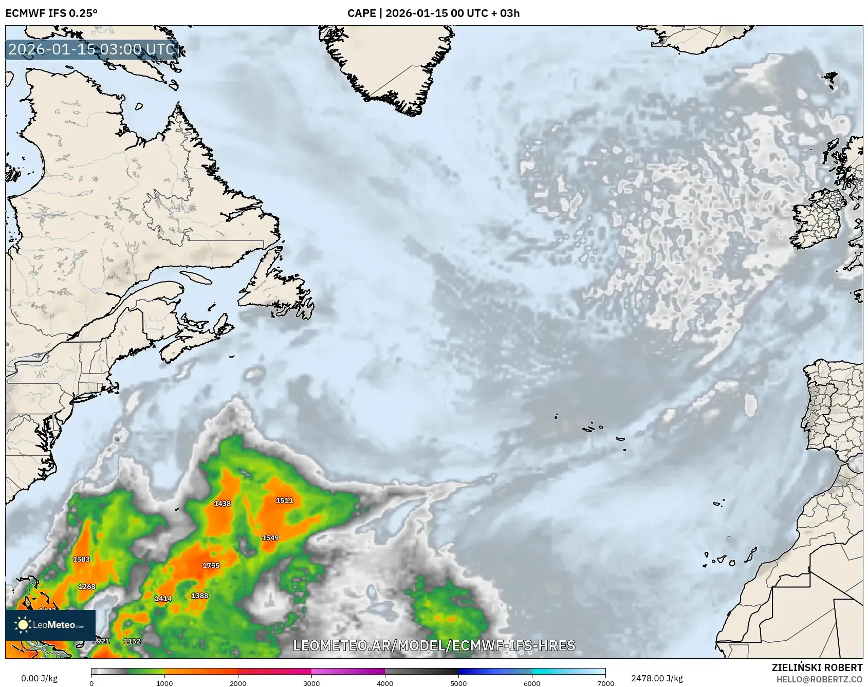 ECMWF IFS 0.25° model - Norte Atlántico, CAPE
