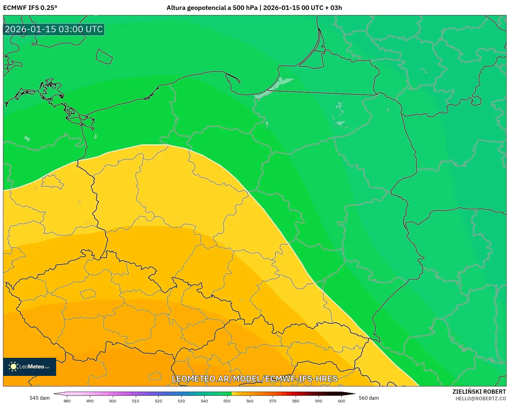 ECMWF IFS 0.25° model - Polonia, Altura geopotencial a 500 hPa