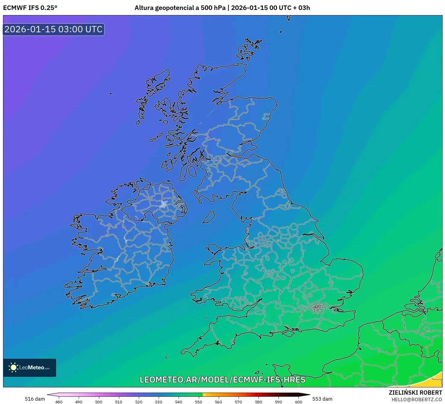ECMWF IFS 0.25° model - Reino Unido, Altura geopotencial a 500 hPa