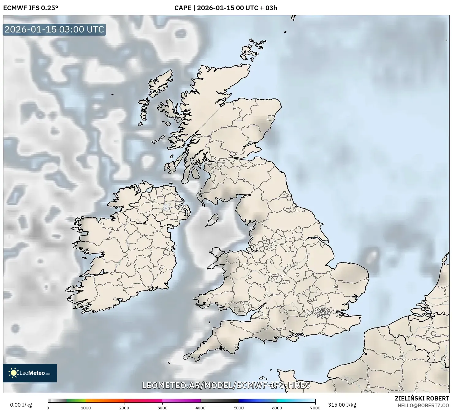 ECMWF IFS 0.25° model - Reino Unido, CAPE