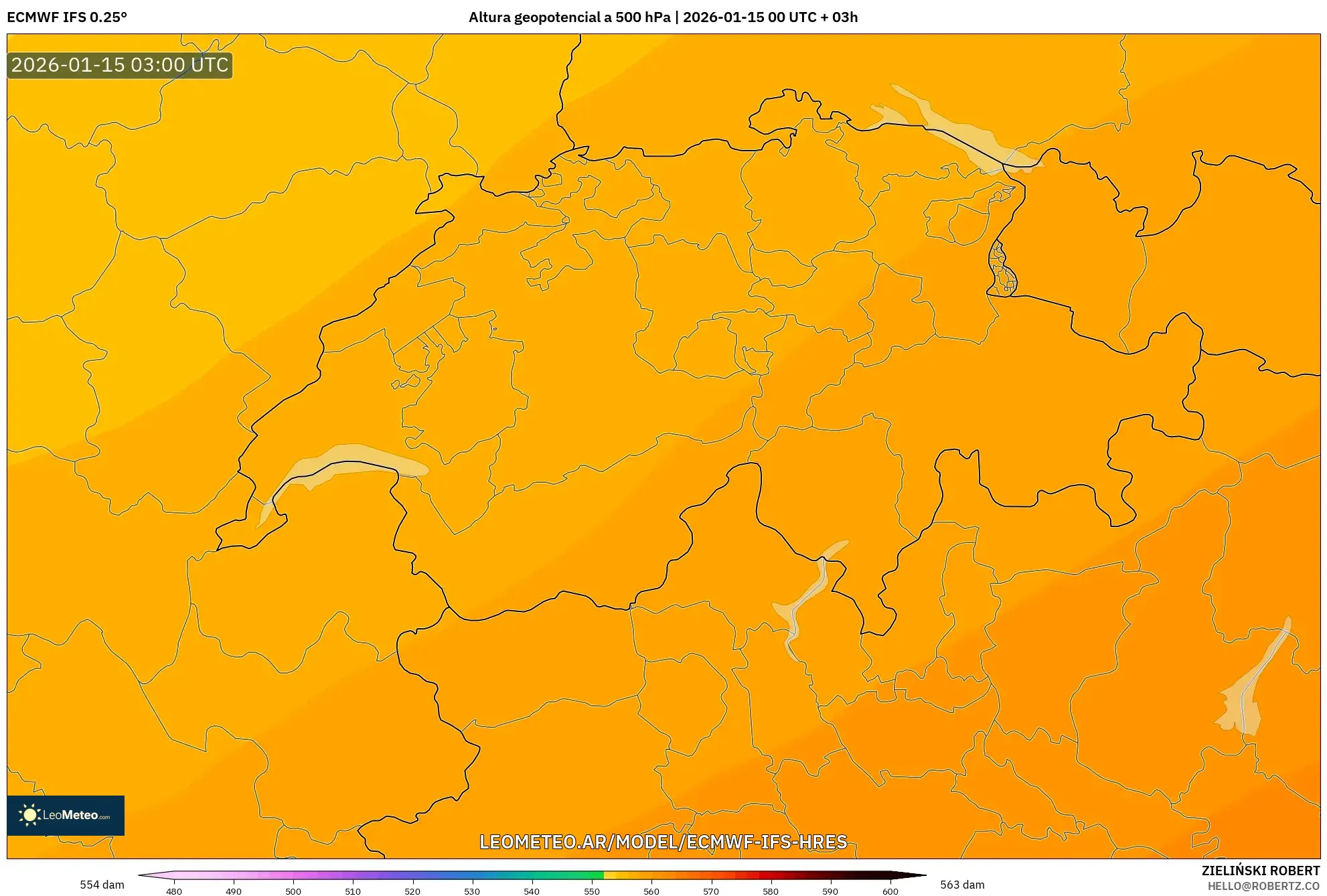 ECMWF IFS 0.25° model - Suiza, Altura geopotencial a 500 hPa