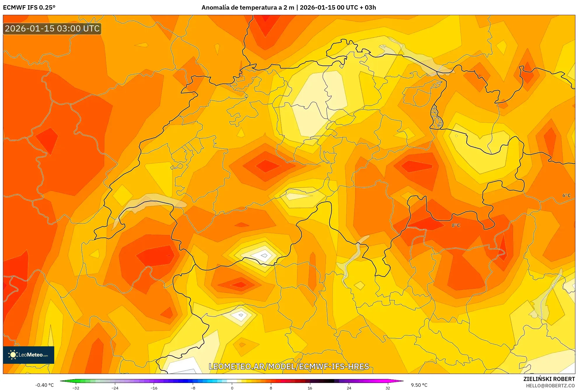 ECMWF IFS 0.25° model - Suiza, Anomalía de temperatura a 2 m