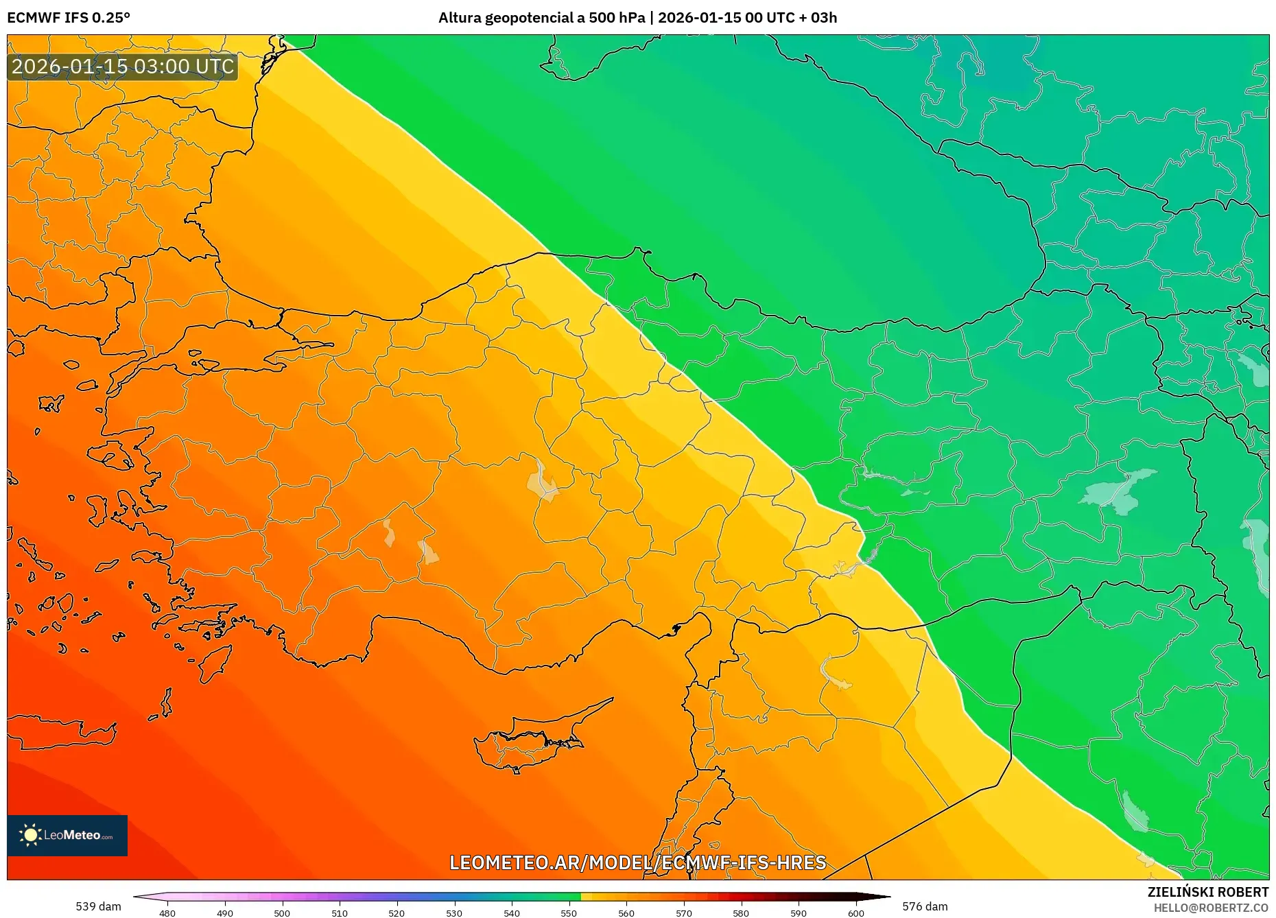 ECMWF IFS 0.25° model - Turquía, Altura geopotencial a 500 hPa