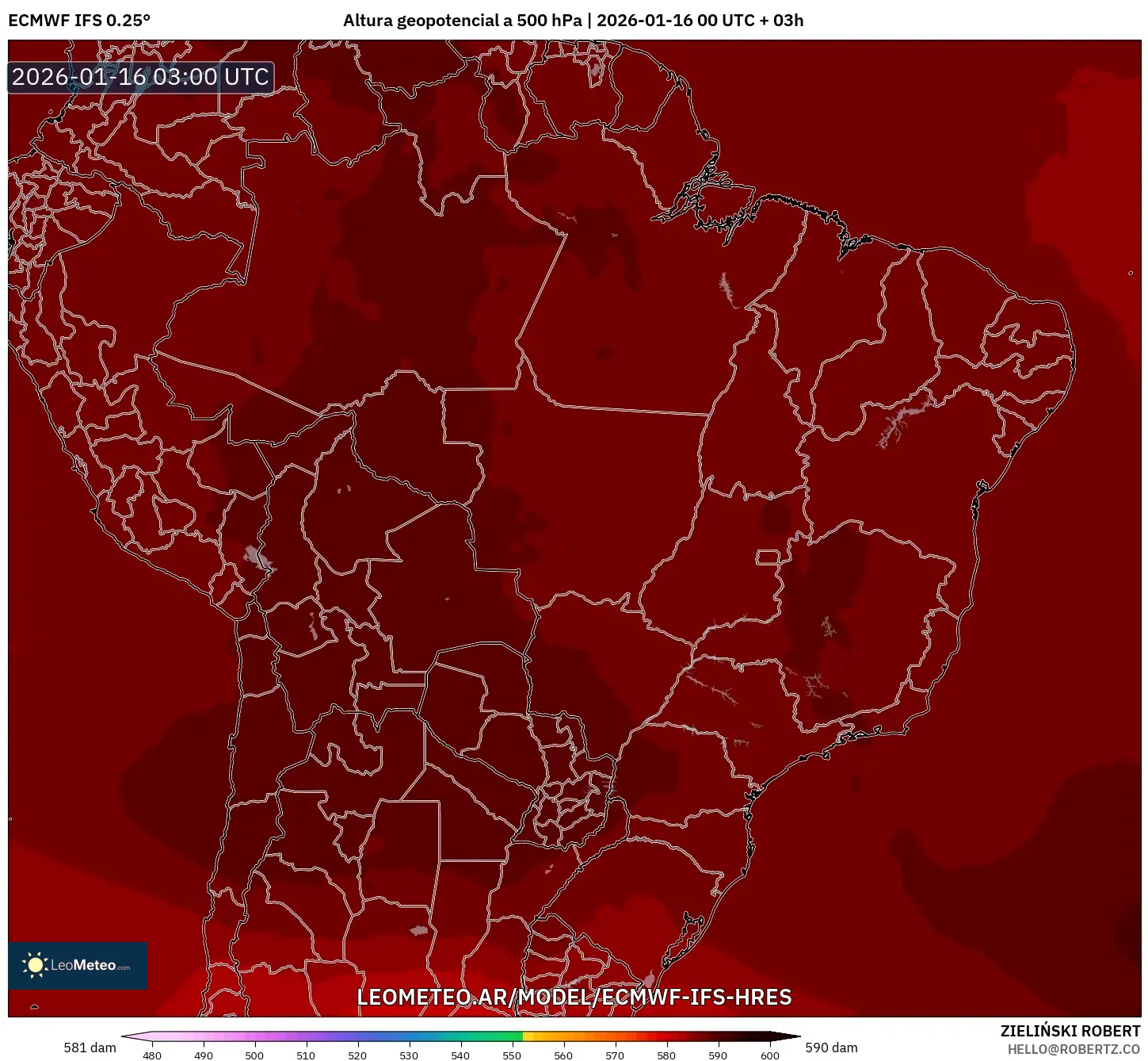 ECMWF IFS 0.25° model - Brasil, Altura geopotencial a 500 hPa