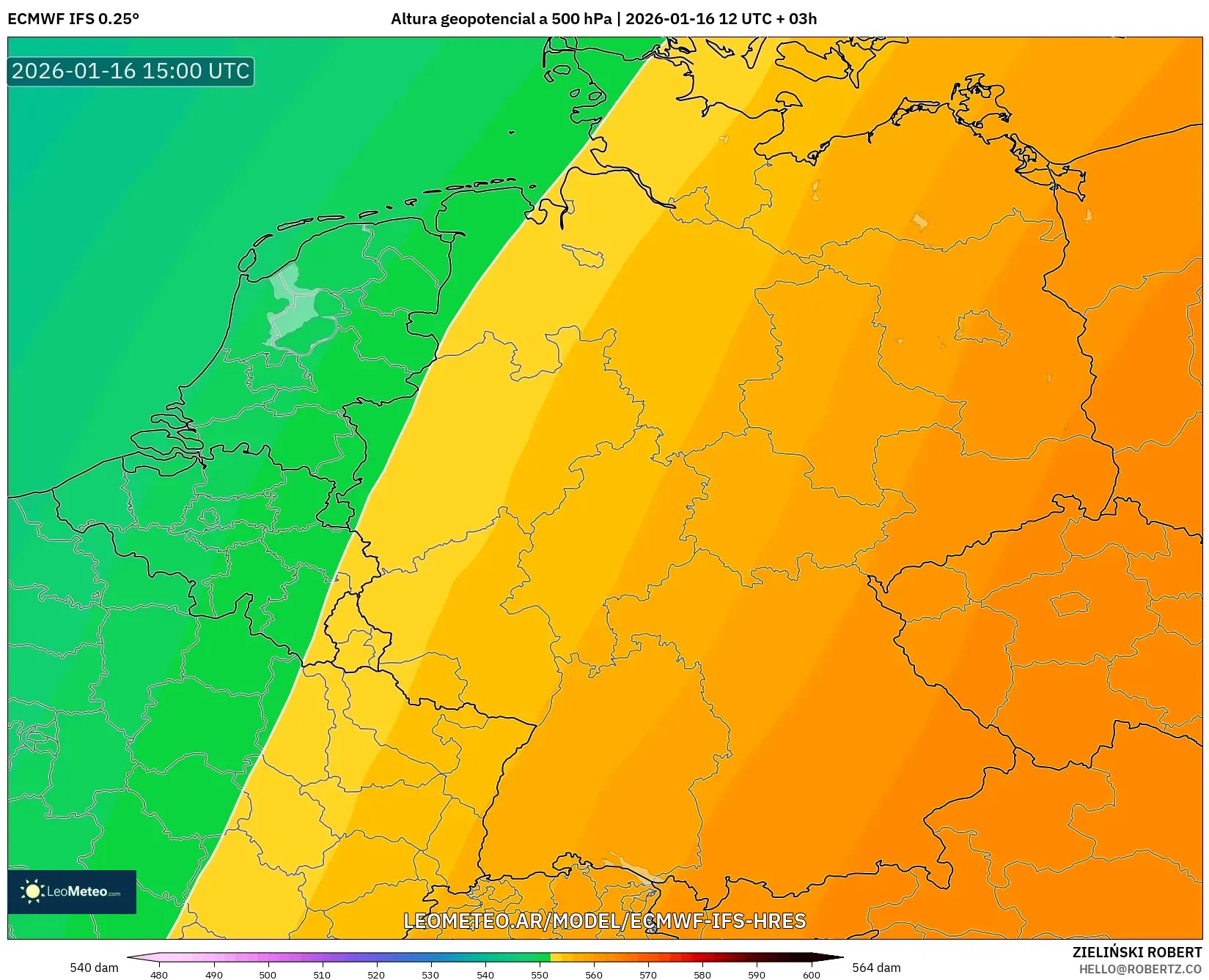 ECMWF IFS 0.25° model - Alemania, Altura geopotencial a 500 hPa