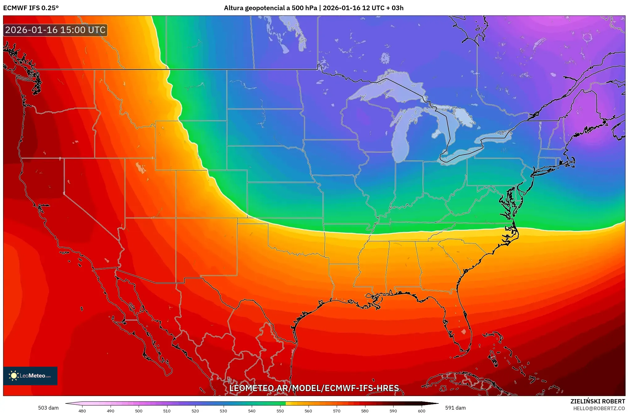 ECMWF IFS 0.25° model - Estados Unidos, Altura geopotencial a 500 hPa
