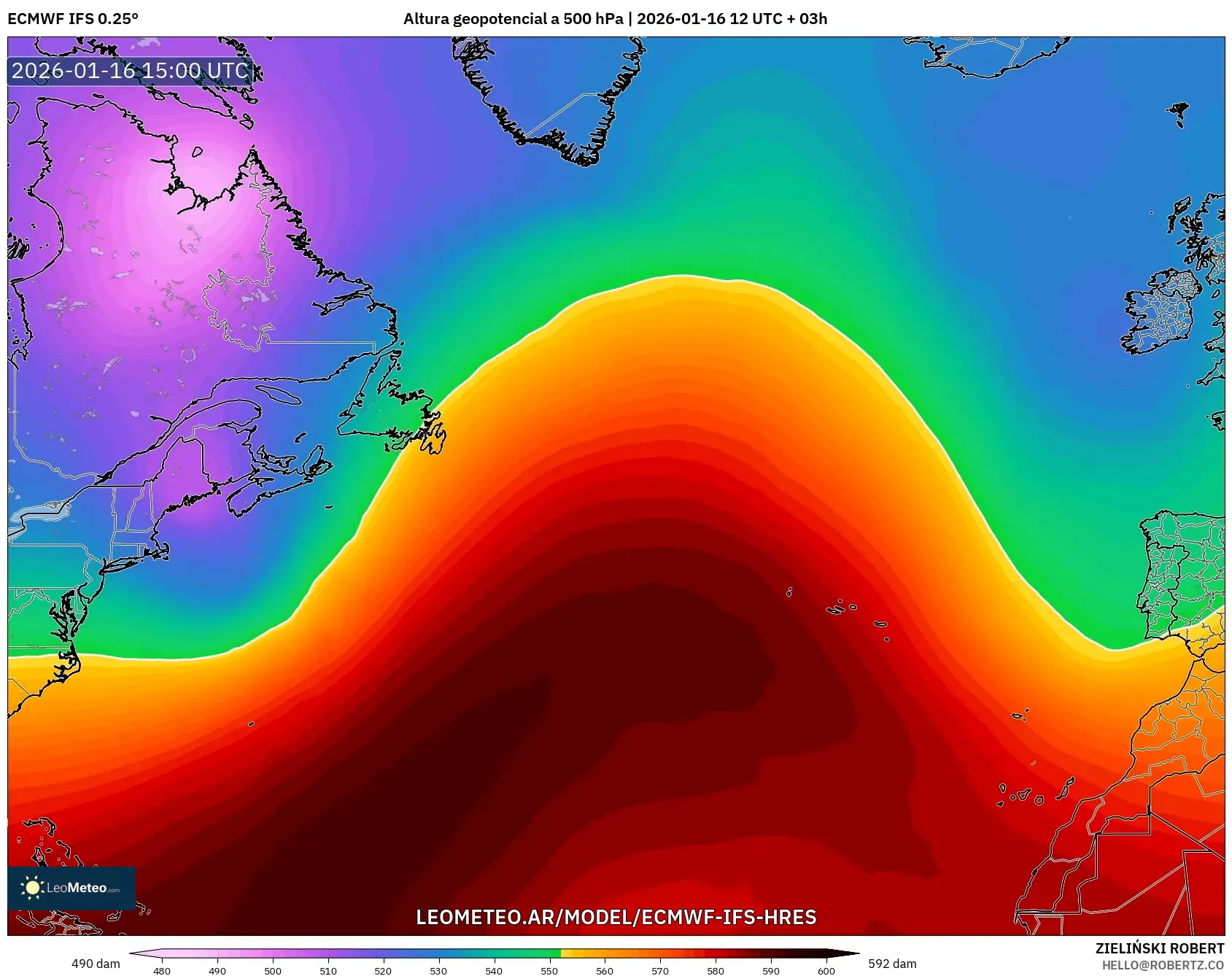 ECMWF IFS 0.25° model - Norte Atlántico, Altura geopotencial a 500 hPa
