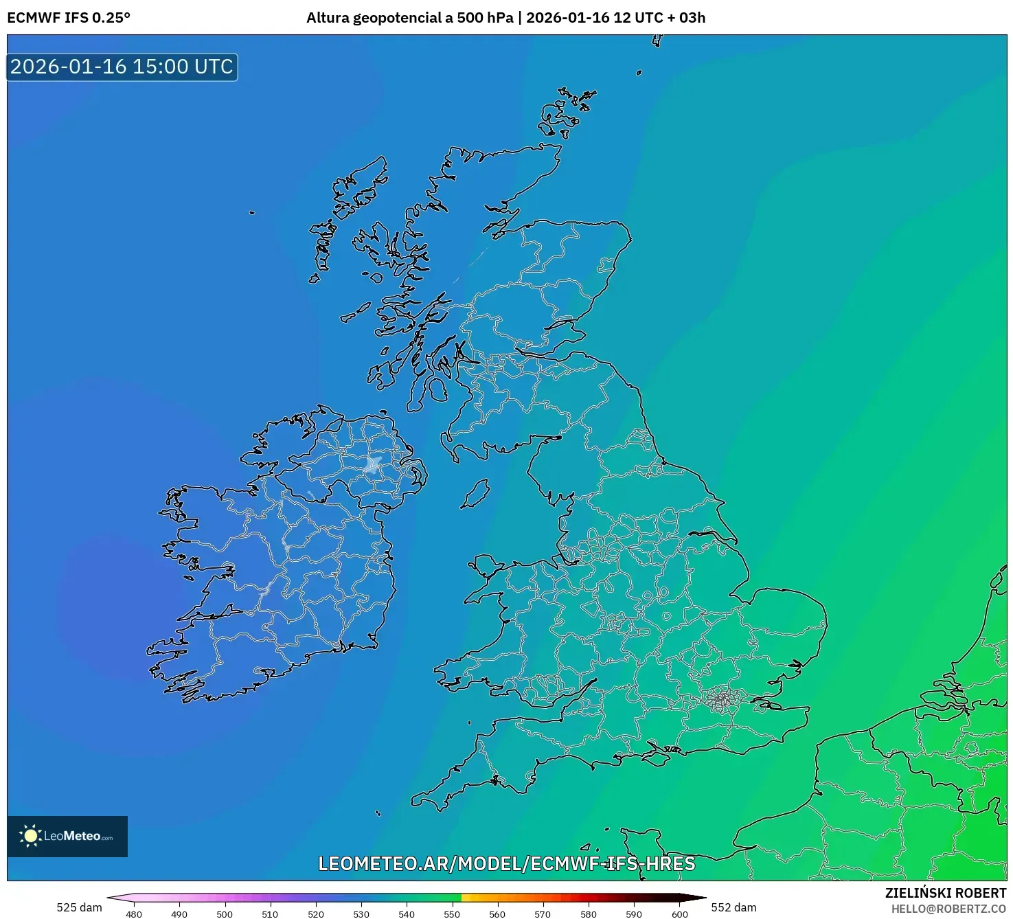 ECMWF IFS 0.25° model - Reino Unido, Altura geopotencial a 500 hPa
