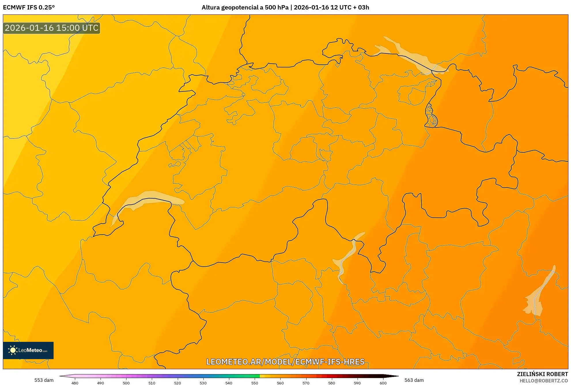 ECMWF IFS 0.25° model - Suiza, Altura geopotencial a 500 hPa