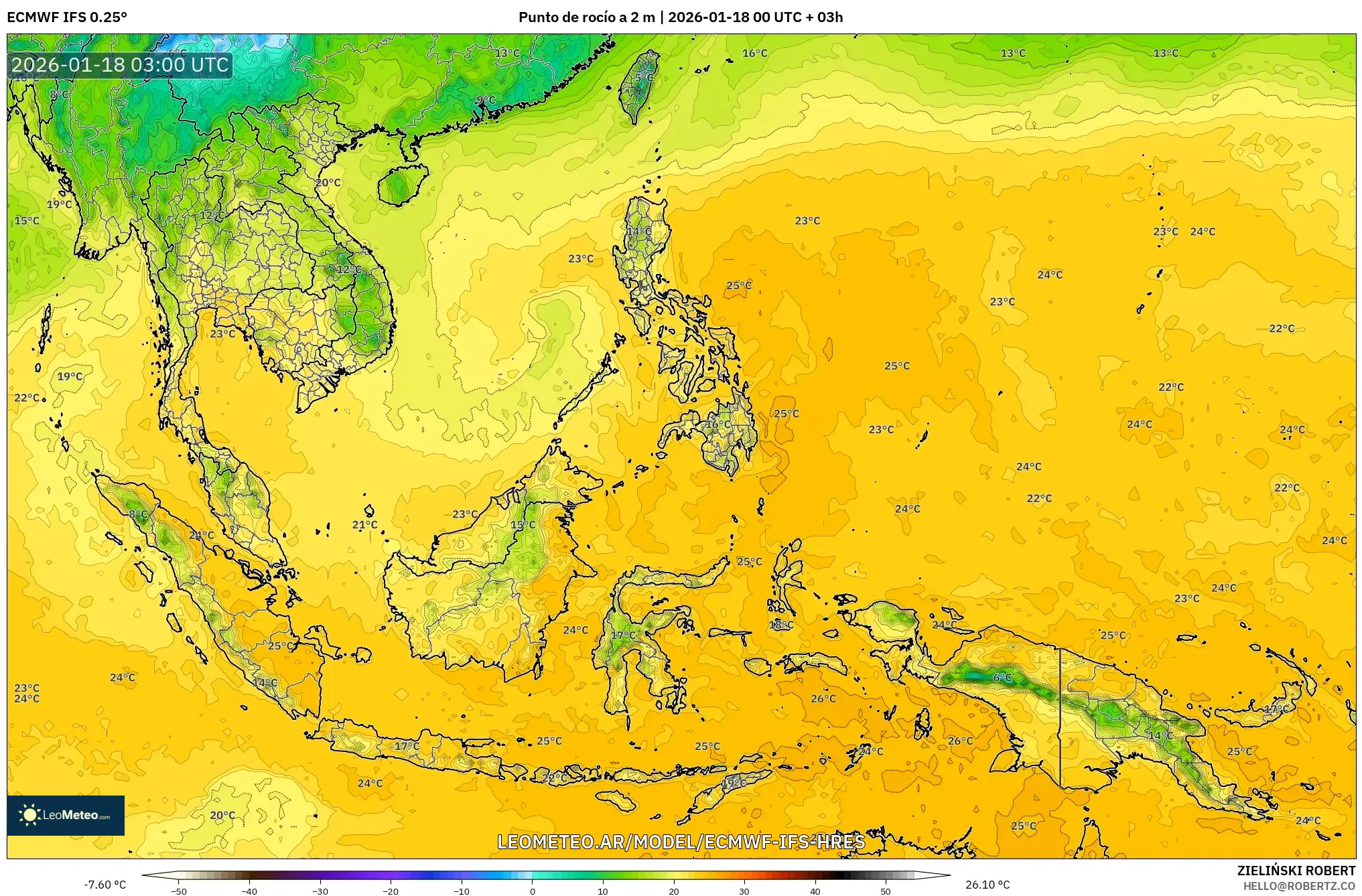 ECMWF IFS 0.25° model - Sudeste Asiático, Punto de rocío a 2 m