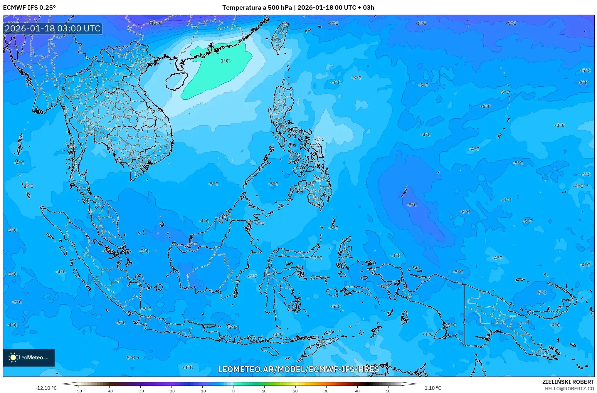 ECMWF IFS 0.25° model - Sudeste Asiático, Temperatura a 500 hPa