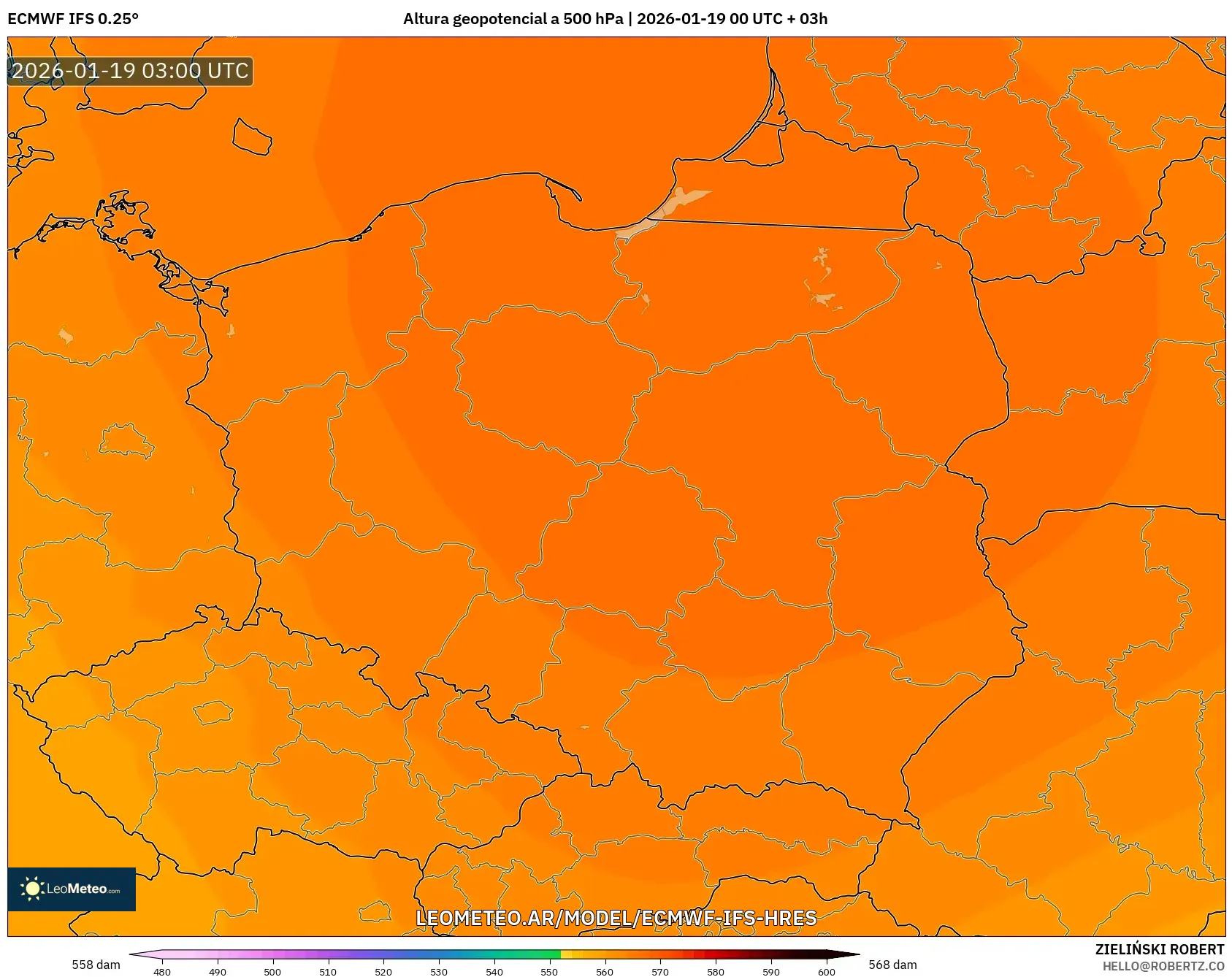 ECMWF IFS 0.25° model - Polonia, Altura geopotencial a 500 hPa