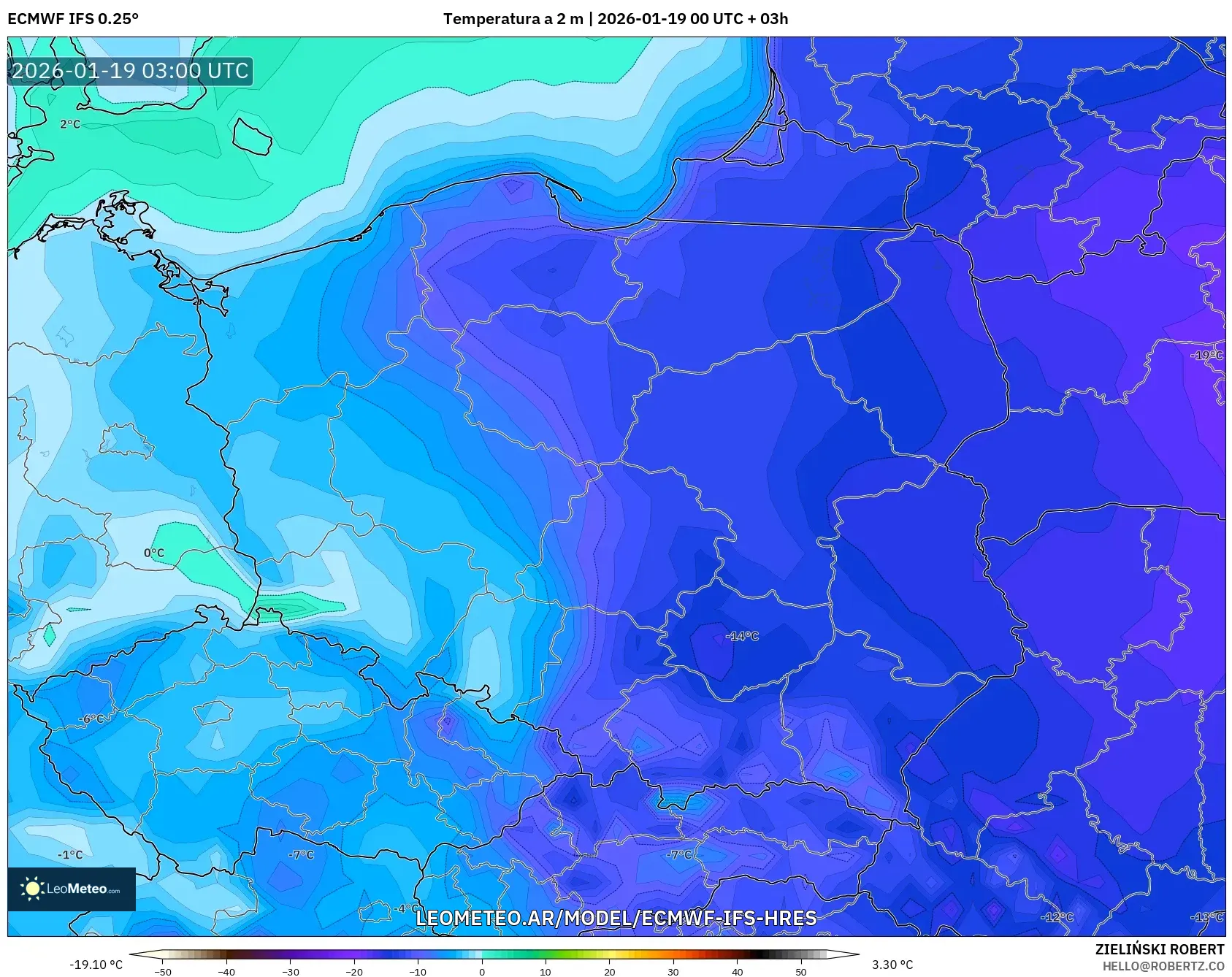 ECMWF IFS 0.25° model - Polonia, Temperatura a 2 m