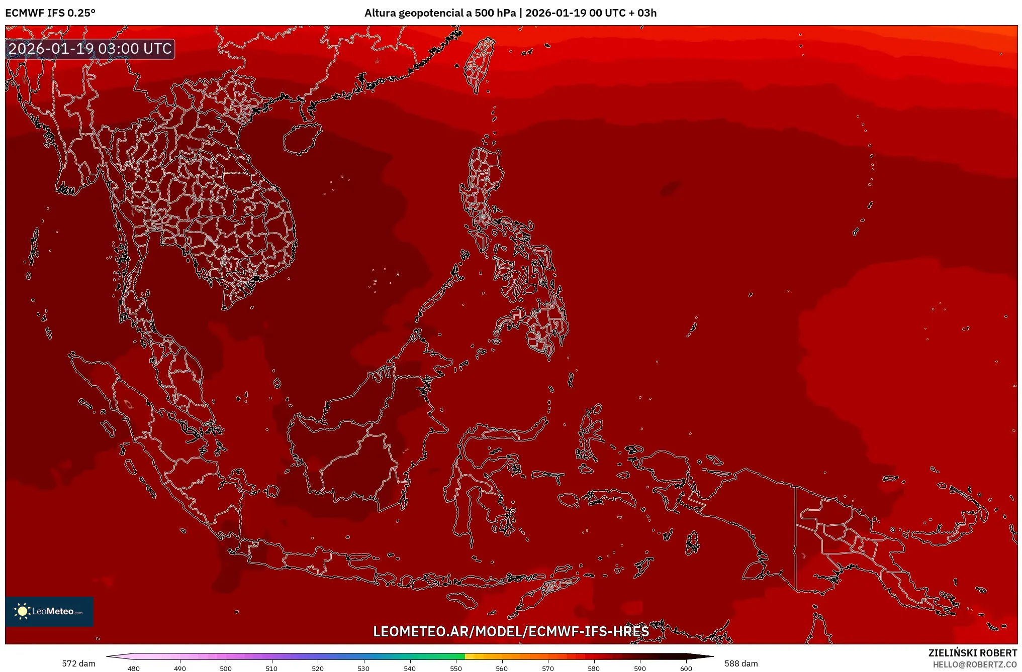 ECMWF IFS 0.25° model - Sudeste Asiático, Altura geopotencial a 500 hPa